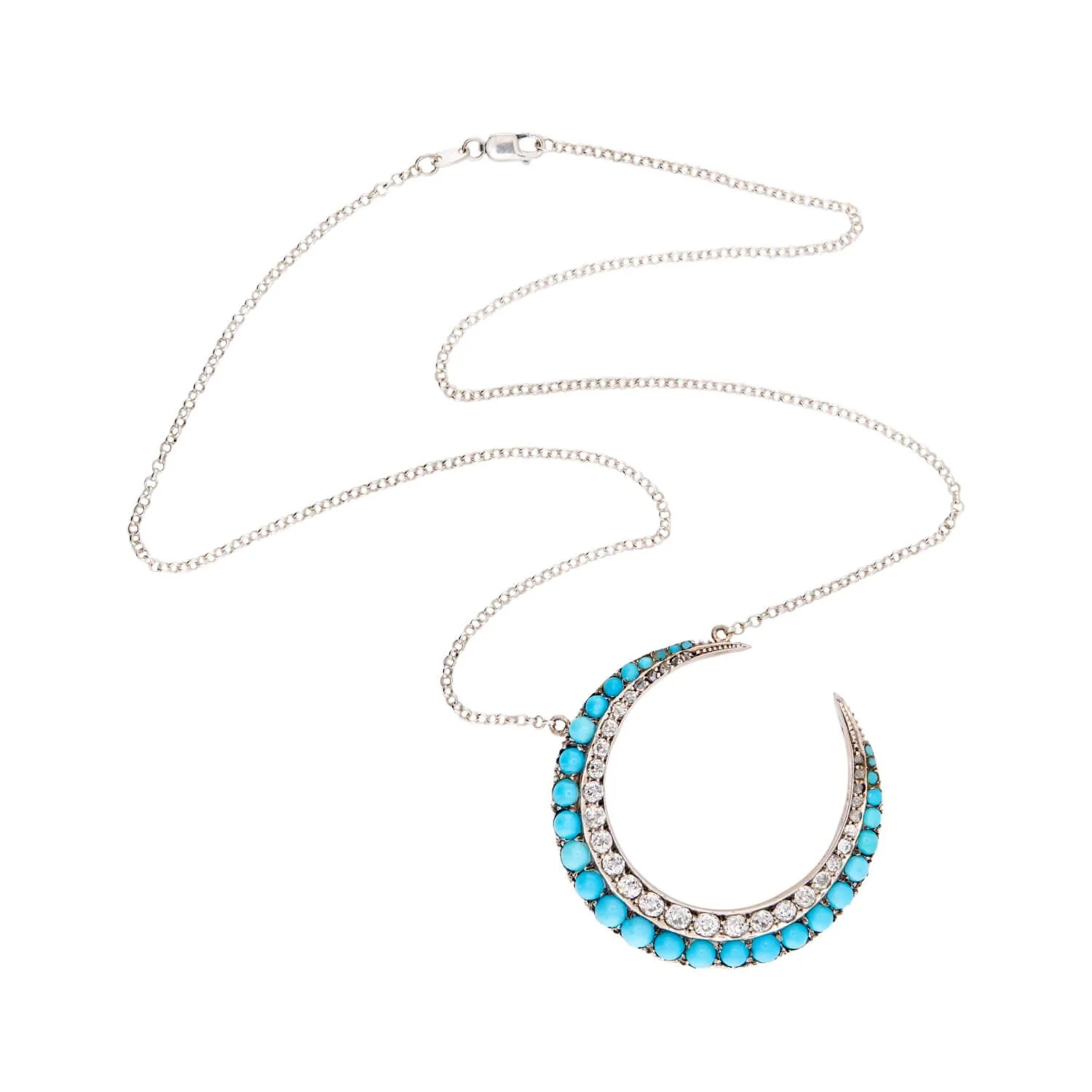 Victorian 18k/Sterling Silver Diamond & Turquoise Crescent Pendant Necklace - Image 2