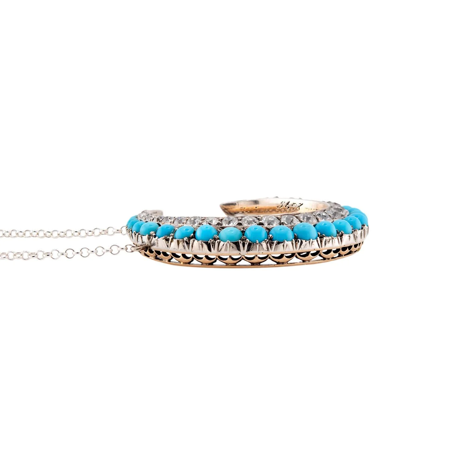Victorian 18k/Sterling Silver Diamond & Turquoise Crescent Pendant Necklace - Image 3