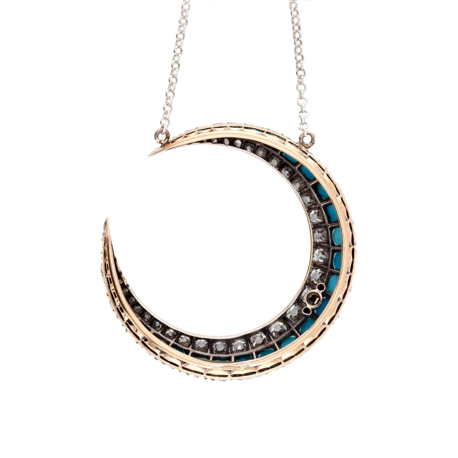 Victorian 18k/Sterling Silver Diamond & Turquoise Crescent Pendant Necklace - Image 4