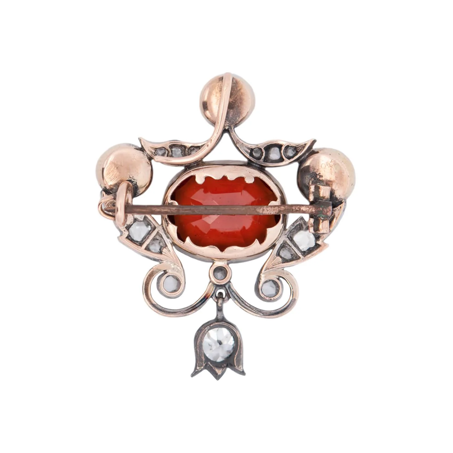 Victorian 18k/Sterling Silver Hessonite Garnet, Diamond, and Pearl Pin/Pendant - Image 3