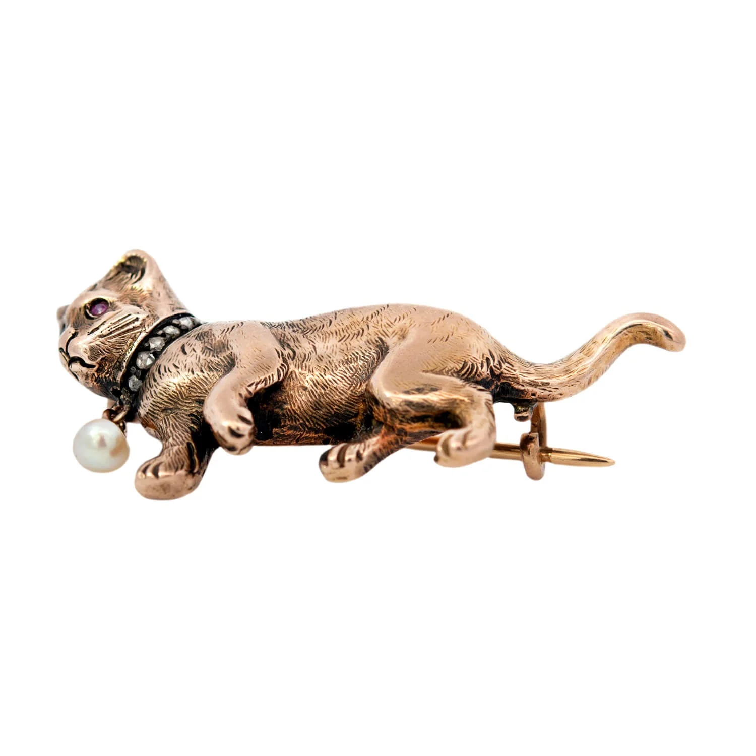 Victorian 18k/Sterling Silver Ruby, Pearl, & Diamond Cat Pin - Image 3