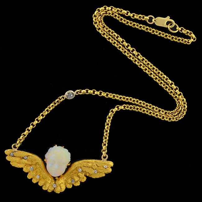 Victorian 18kt Carved Opal & Diamond Winged Cherub Necklace - Image 2