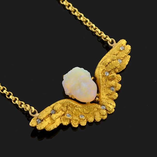 Victorian 18kt Carved Opal & Diamond Winged Cherub Necklace - Image 3
