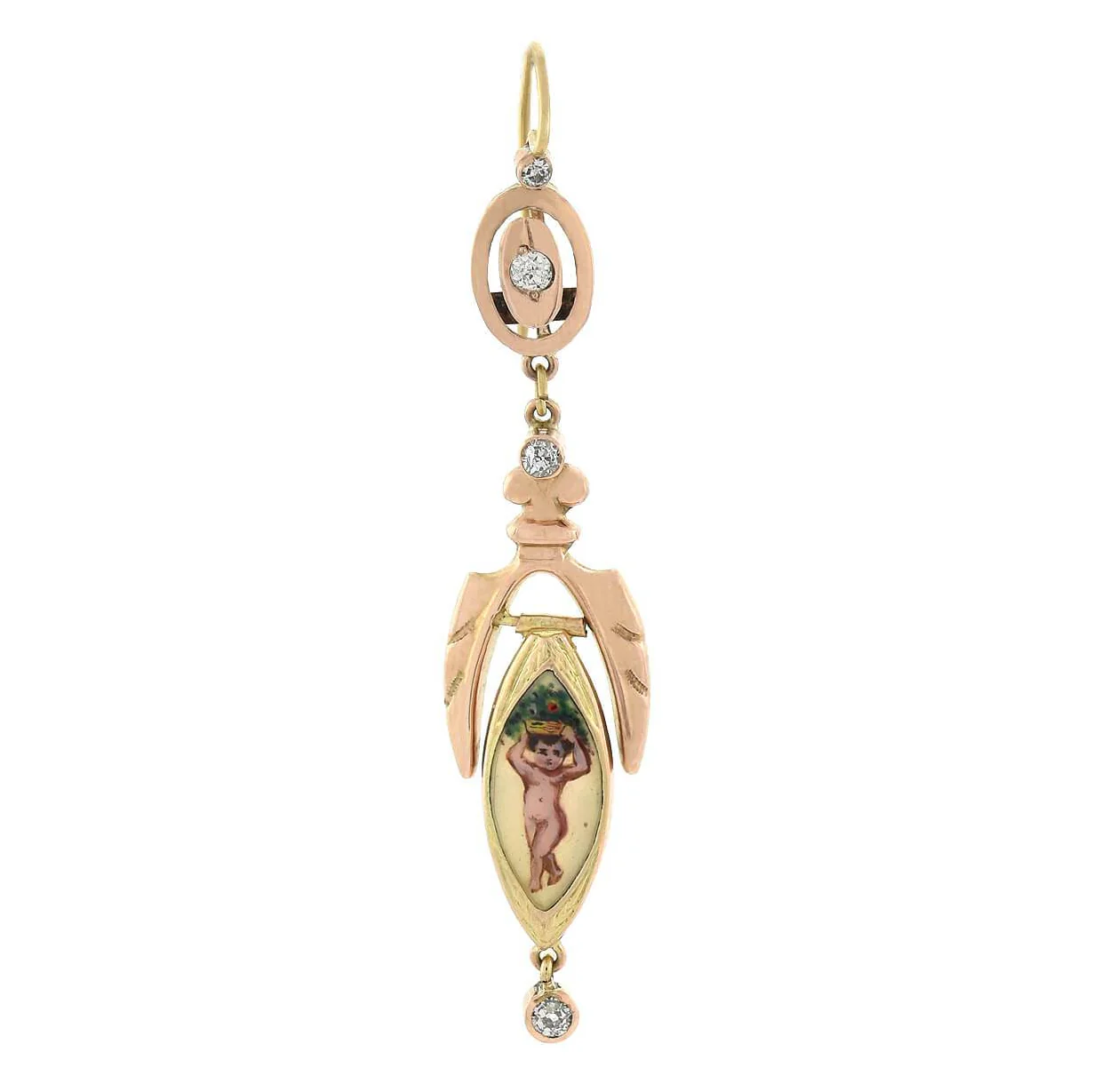 Victorian 18kt Diamond + Enameled Cherub Earrings - Image 2