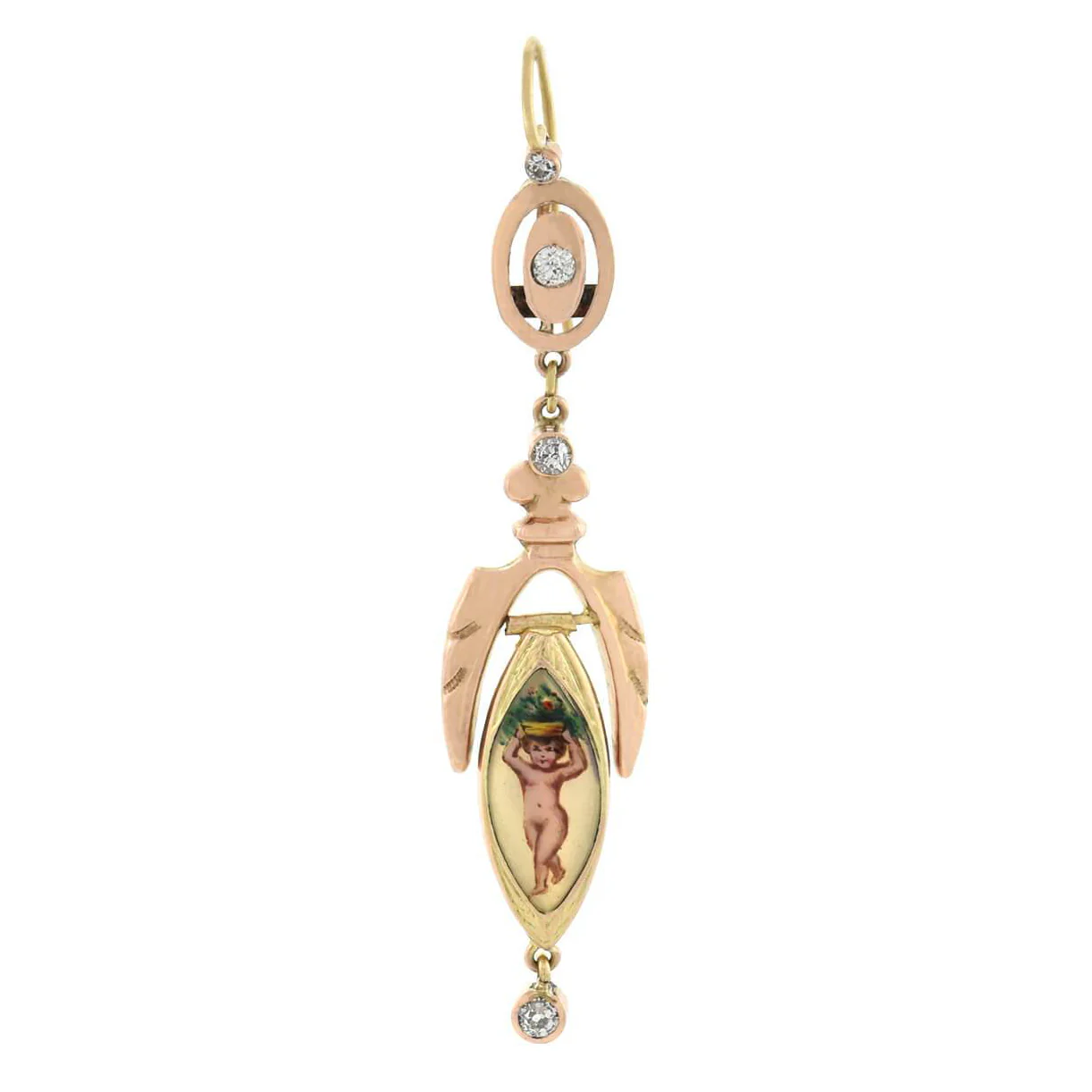 Victorian 18kt Diamond + Enameled Cherub Earrings - Image 3
