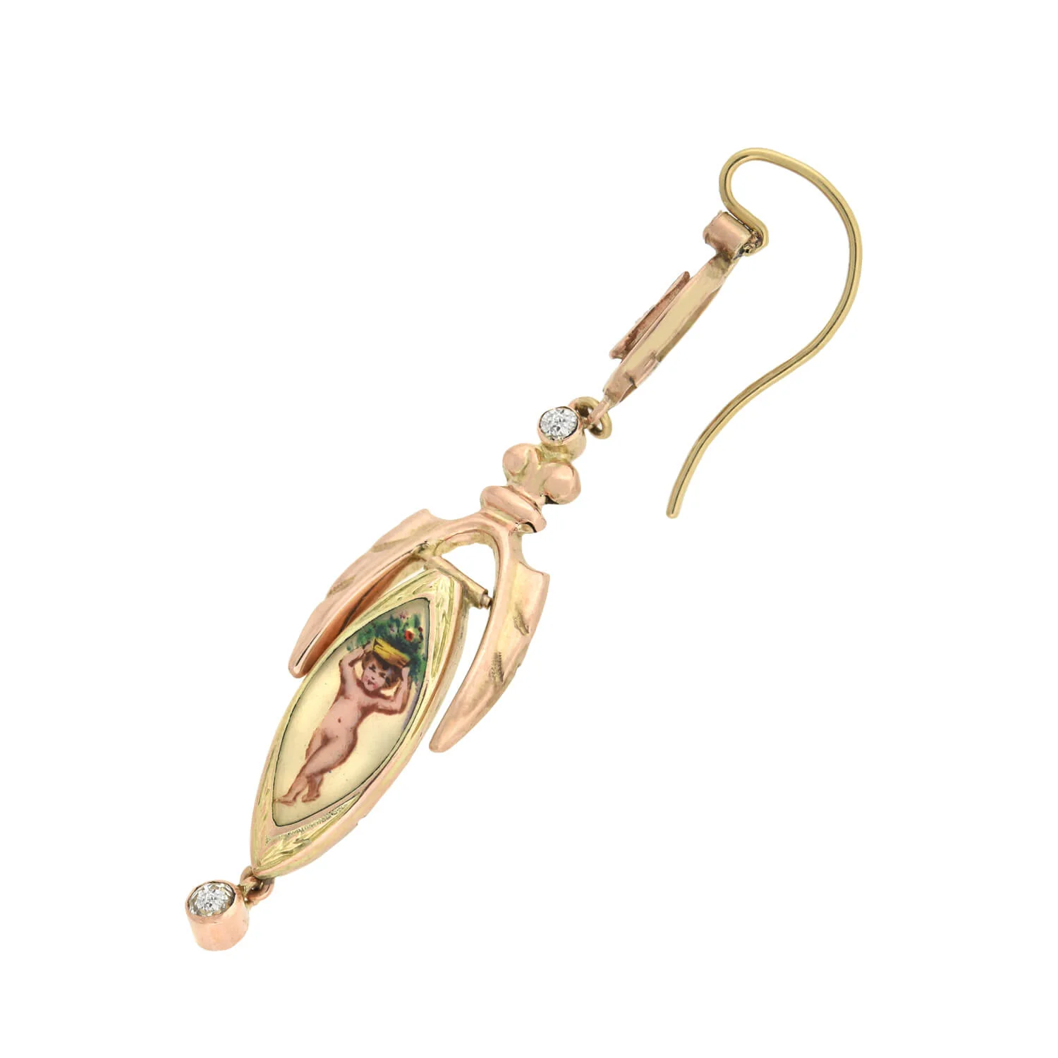 Victorian 18kt Diamond + Enameled Cherub Earrings - Image 4