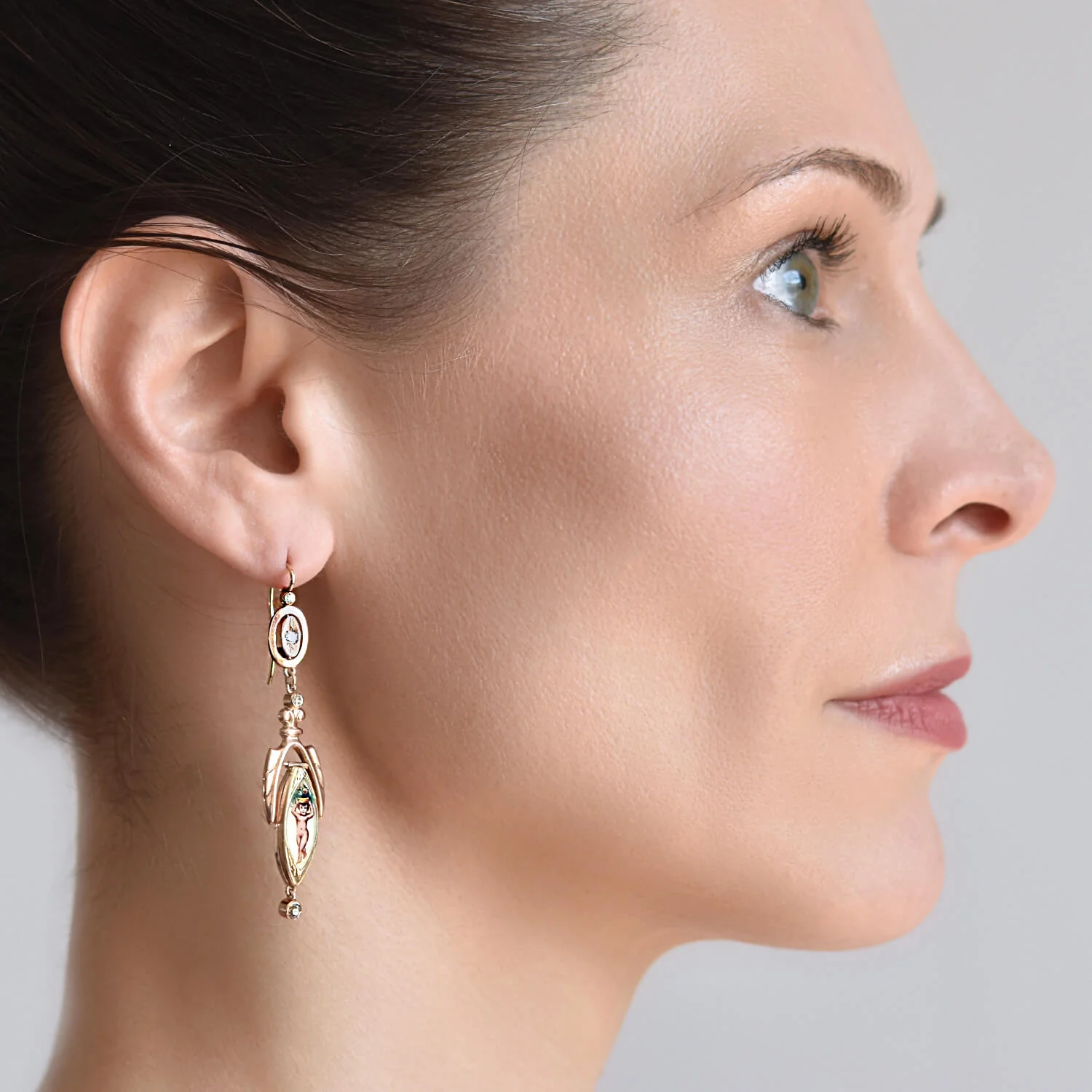 Victorian 18kt Diamond + Enameled Cherub Earrings - Image 7