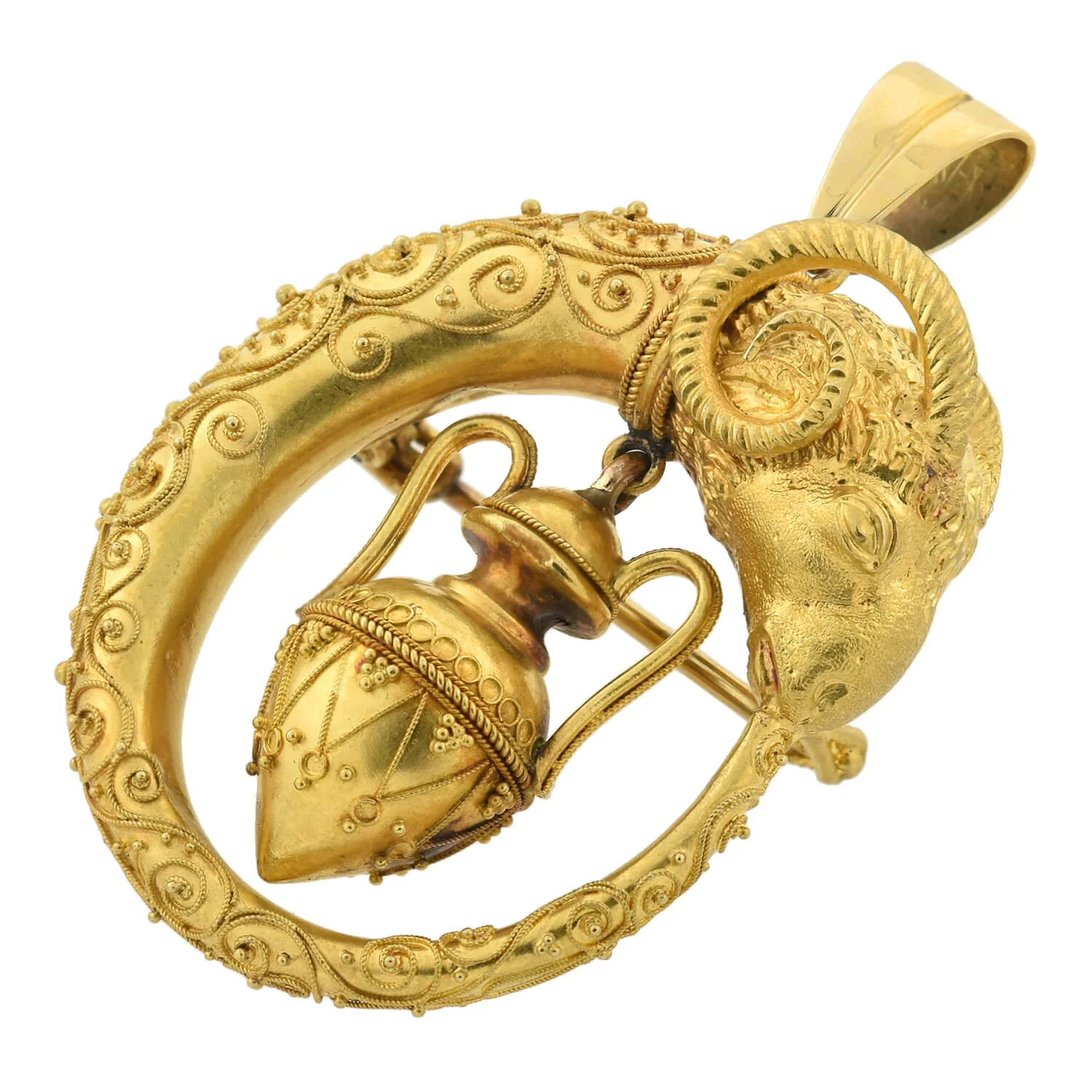 Victorian 18kt Etruscan Ram's Head + Urn Pin/Pendant - Image 2