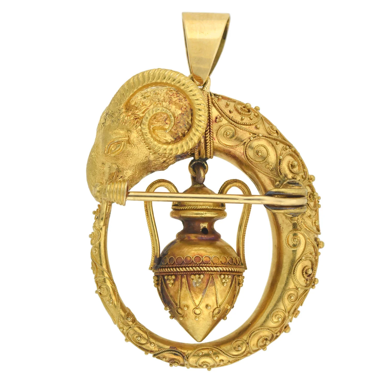Victorian 18kt Etruscan Ram's Head + Urn Pin/Pendant - Image 5