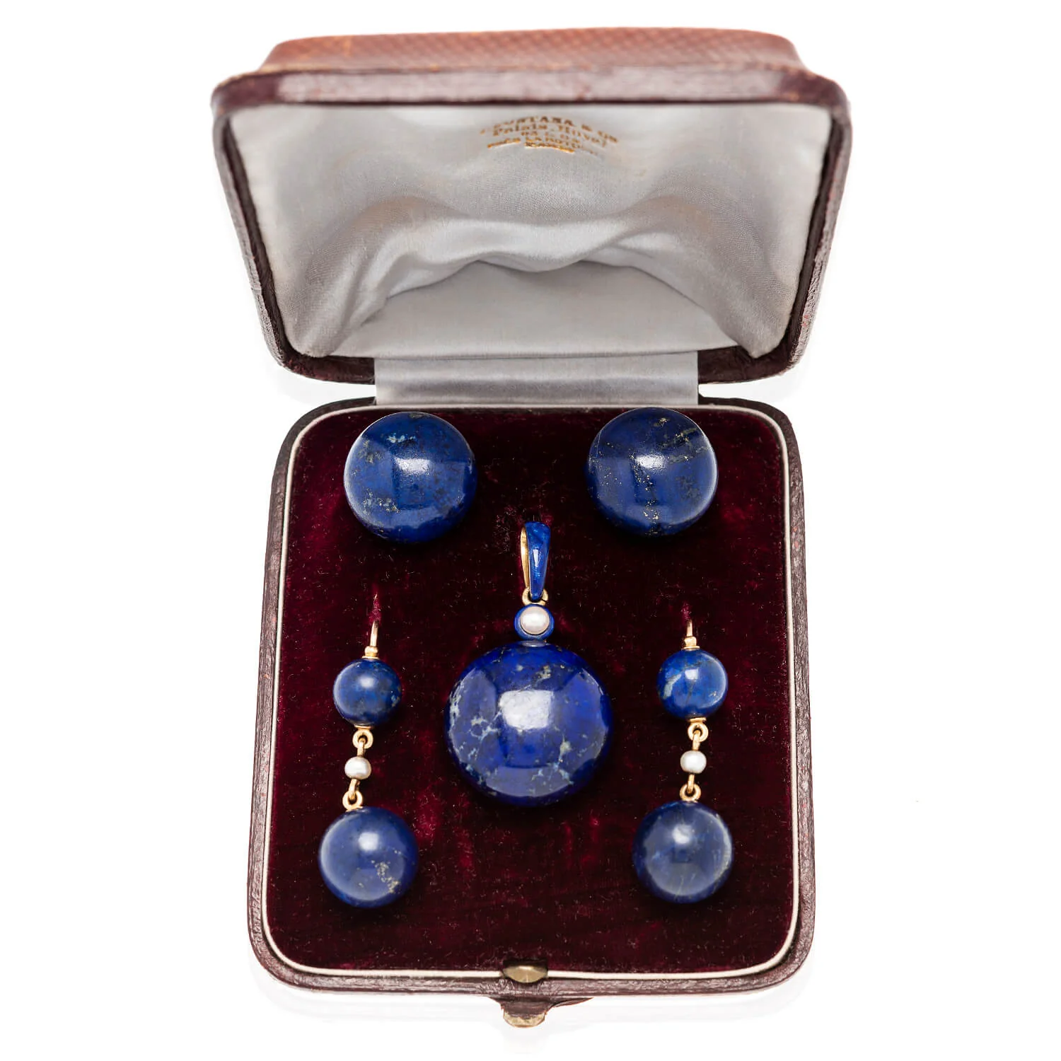 Victorian 18kt, Pearl, Enamel + Carved Lapis Lazuli Earrings, Pendant + Button Set - Image 11