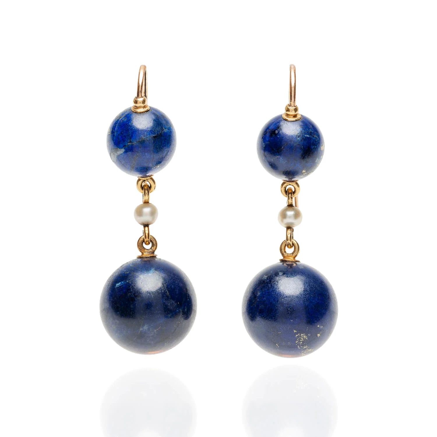 Victorian 18kt, Pearl, Enamel + Carved Lapis Lazuli Earrings, Pendant + Button Set - Image 2