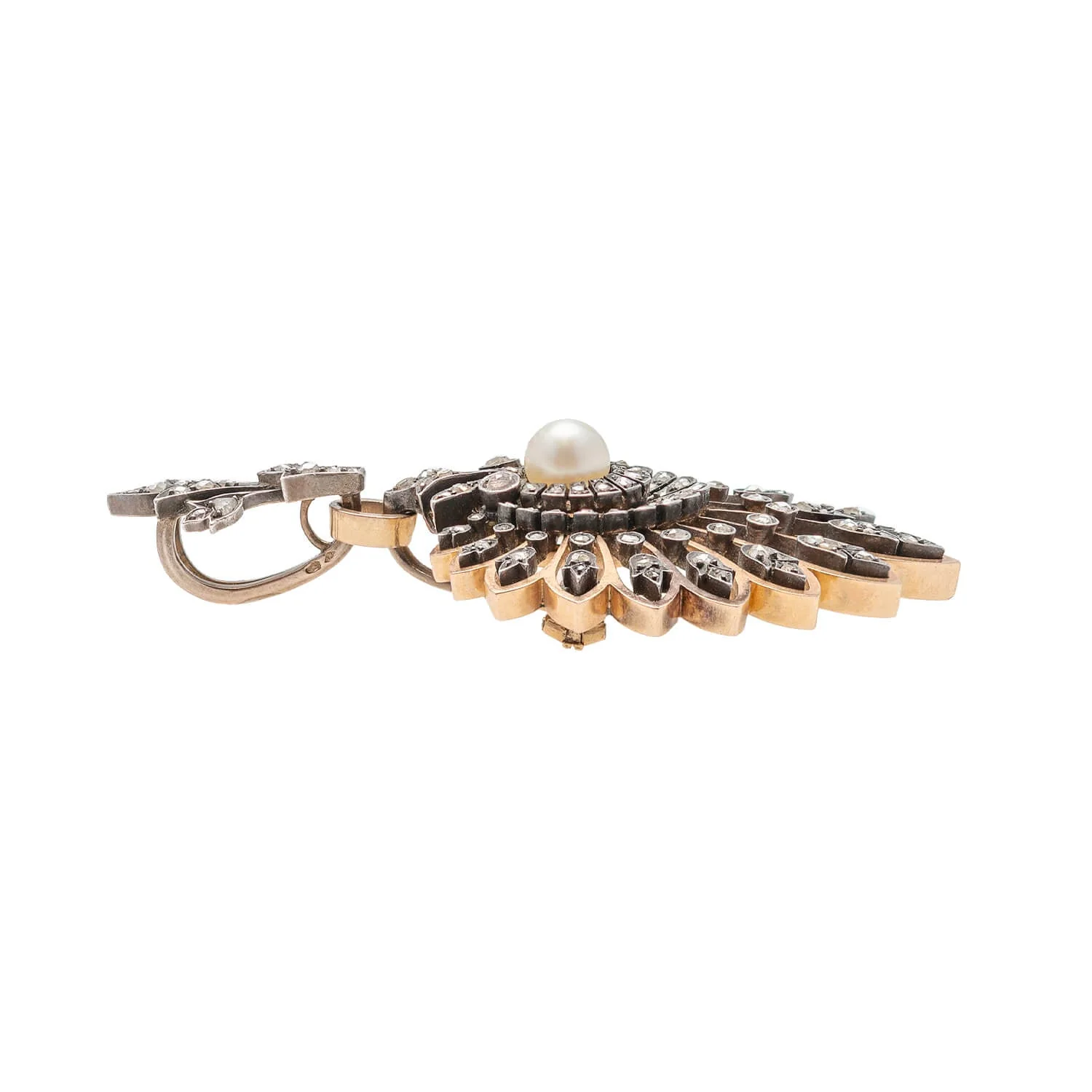 Victorian 18kt Rose Gold/Sterling, Rose Cut Diamond + Pearl Pin/Pendant - Image 2