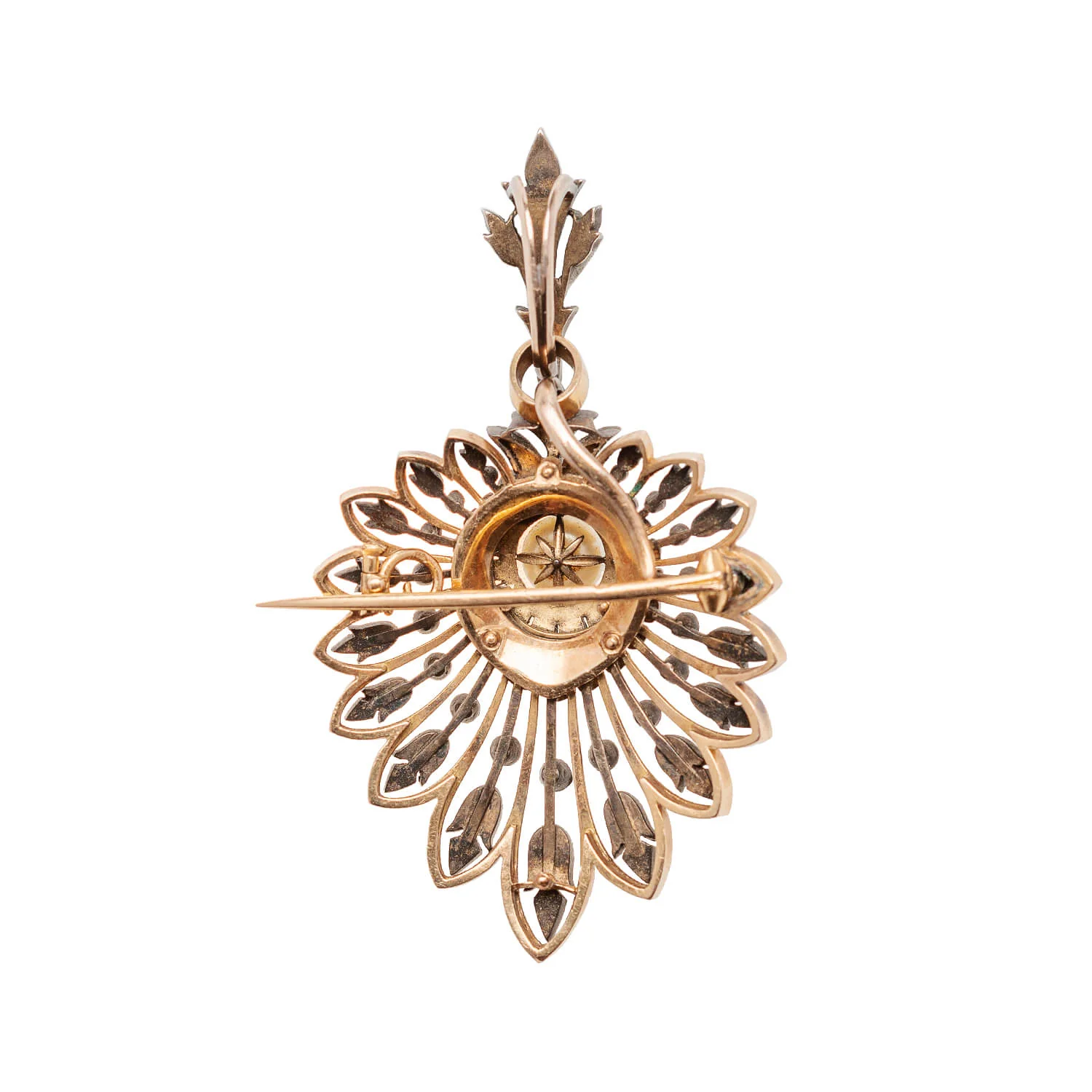 Victorian 18kt Rose Gold/Sterling, Rose Cut Diamond + Pearl Pin/Pendant - Image 3
