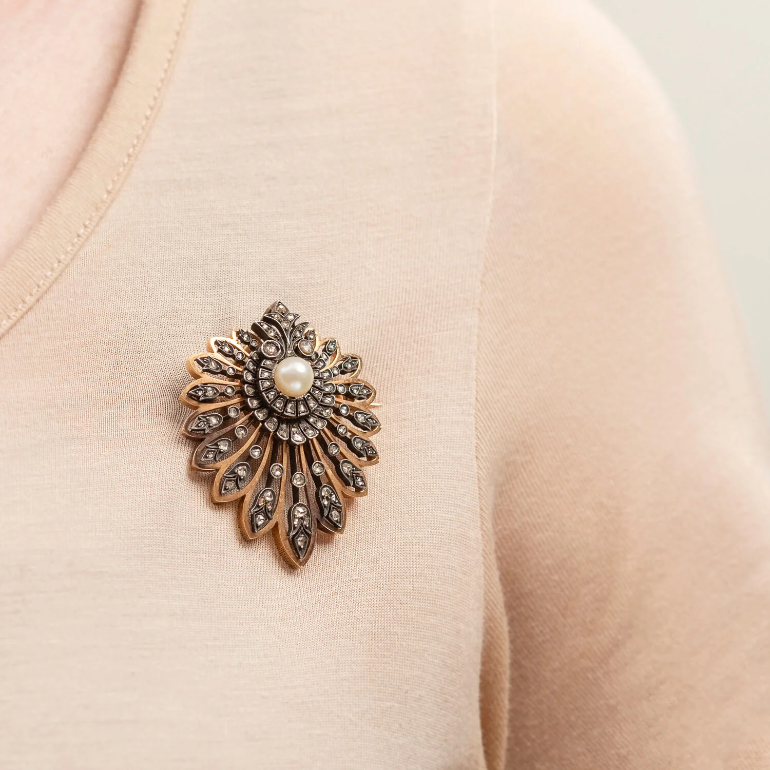 Victorian 18kt Rose Gold/Sterling, Rose Cut Diamond + Pearl Pin/Pendant - Image 4