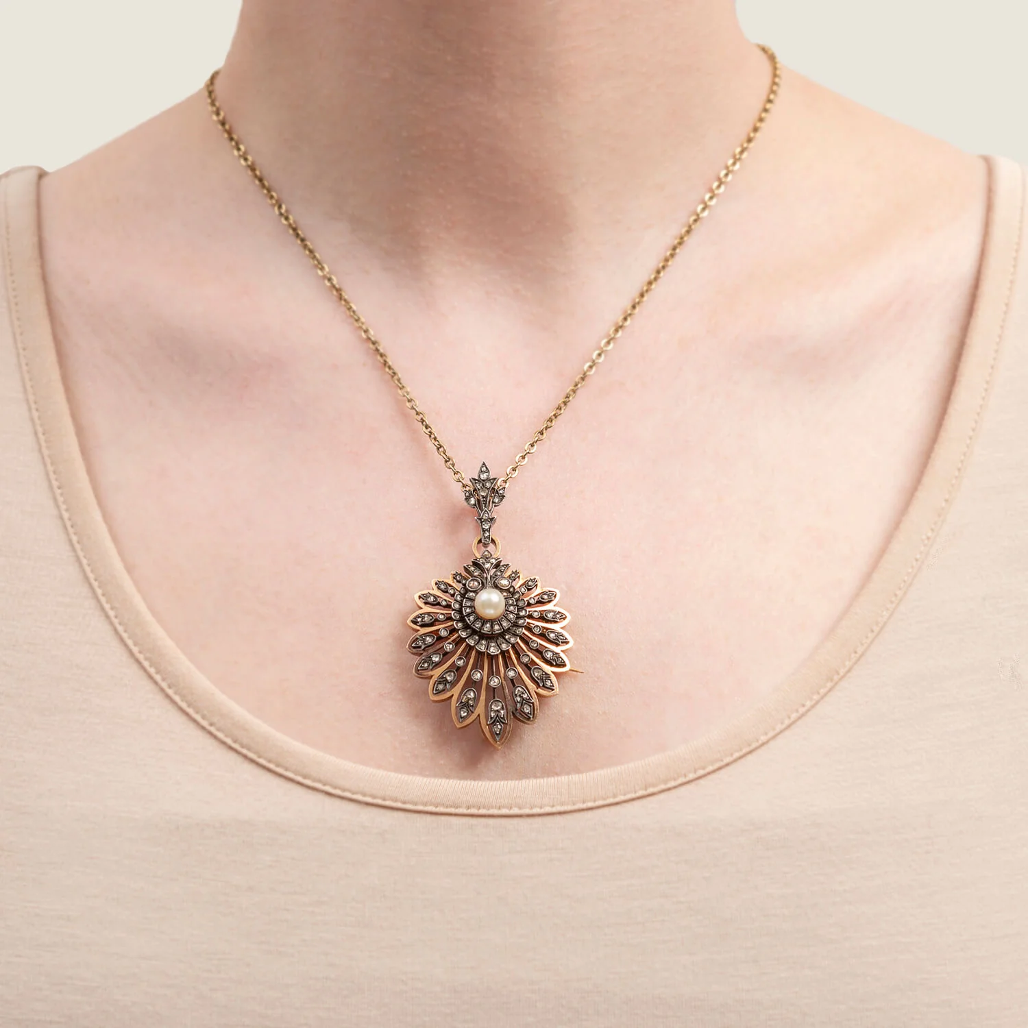Victorian 18kt Rose Gold/Sterling, Rose Cut Diamond + Pearl Pin/Pendant - Image 5