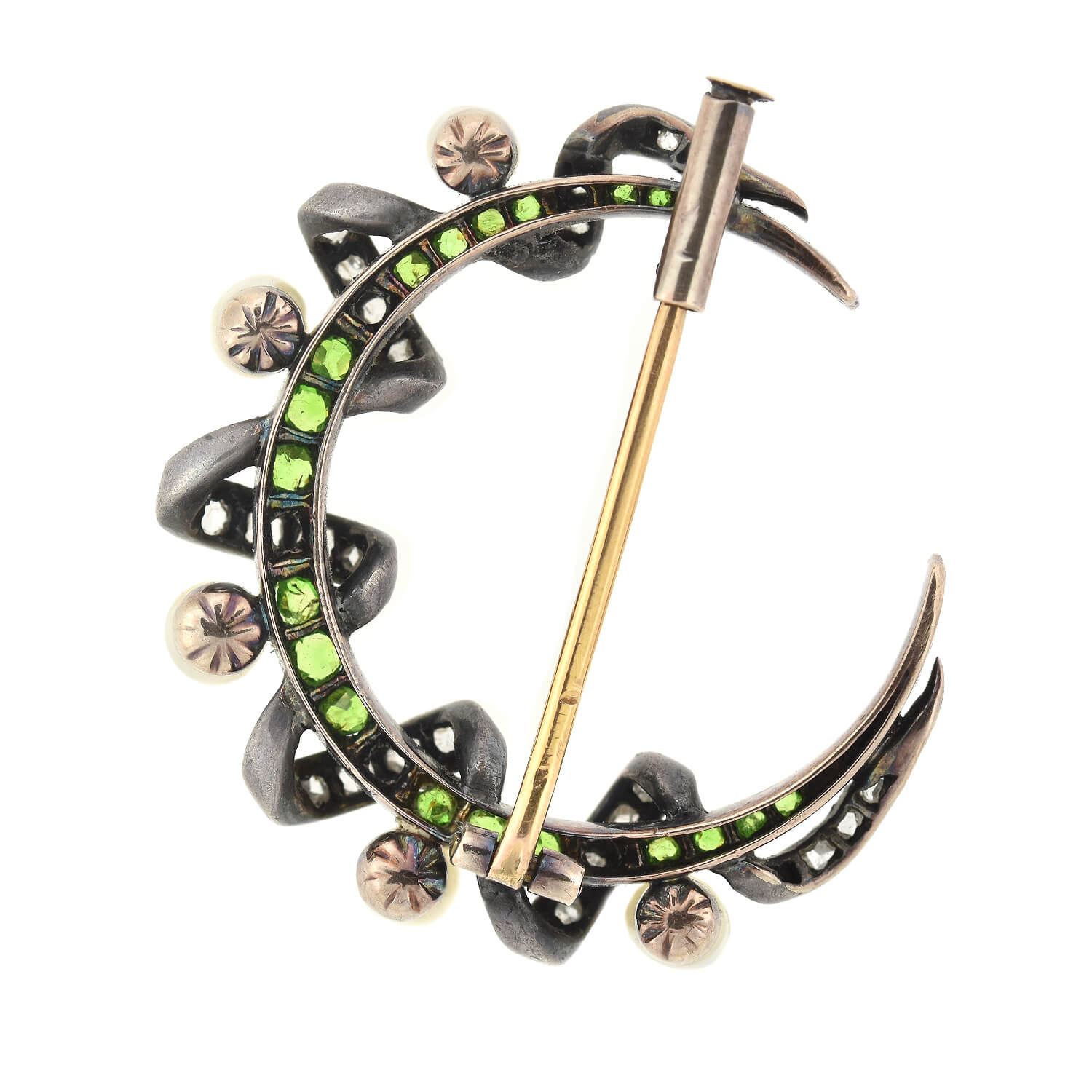 Victorian 18kt/Sterling Demantoid Garnet, Diamond + Pearl Crescent Moon Pin - Image 3