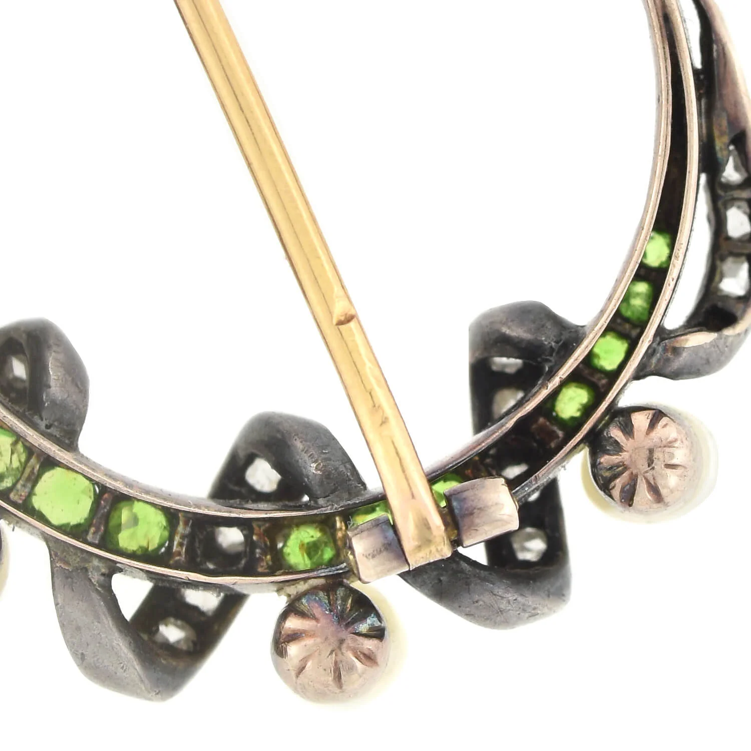 Victorian 18kt/Sterling Demantoid Garnet, Diamond + Pearl Crescent Moon Pin - Image 4