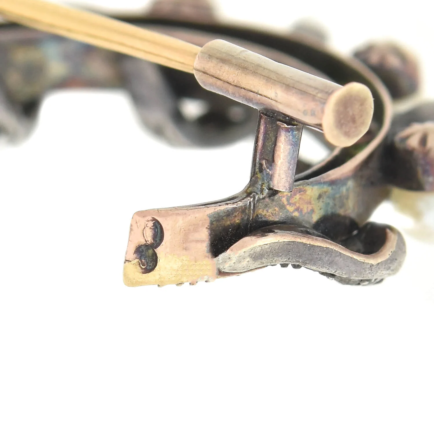 Victorian 18kt/Sterling Demantoid Garnet, Diamond + Pearl Crescent Moon Pin - Image 5