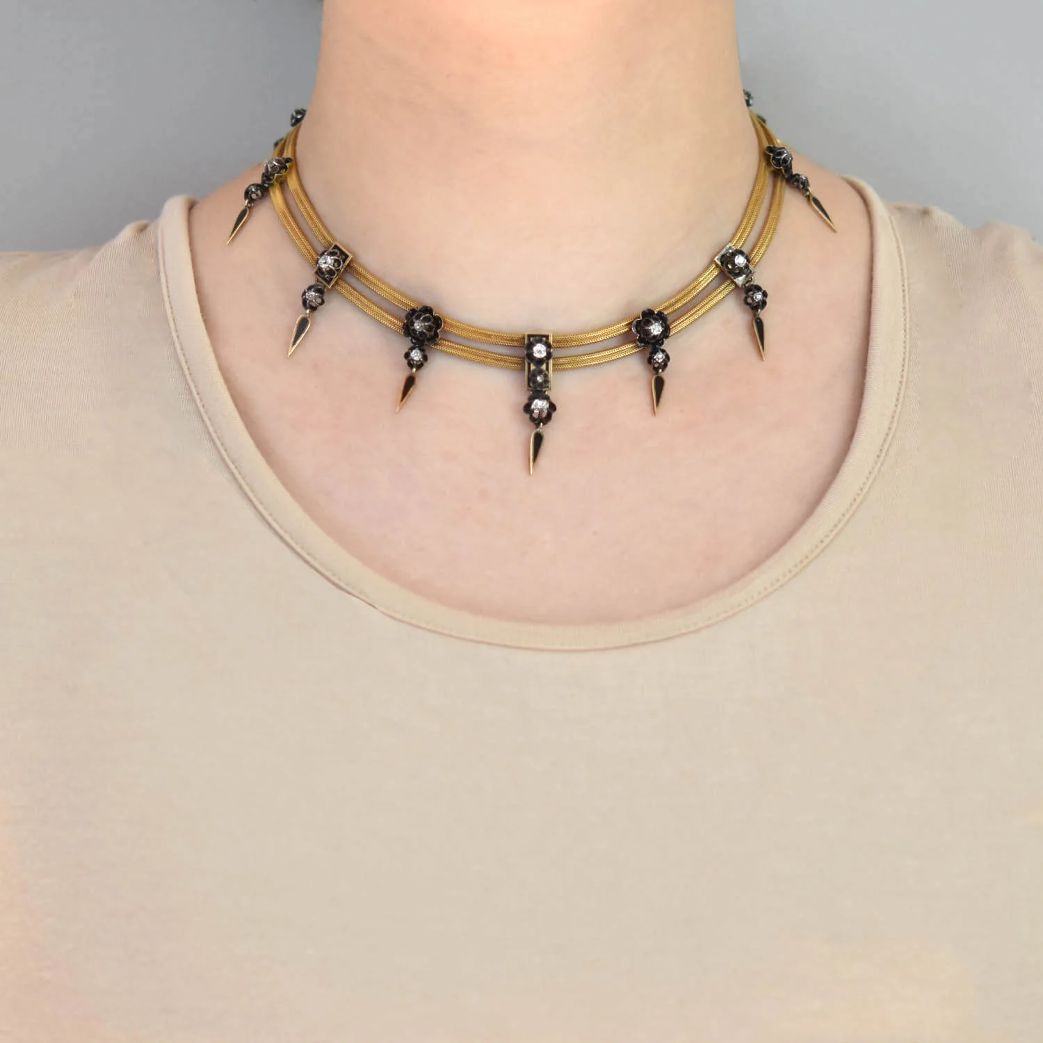 Victorian 18kt/Sterling Diamond + Enamel Star Choker Necklace - Image 6