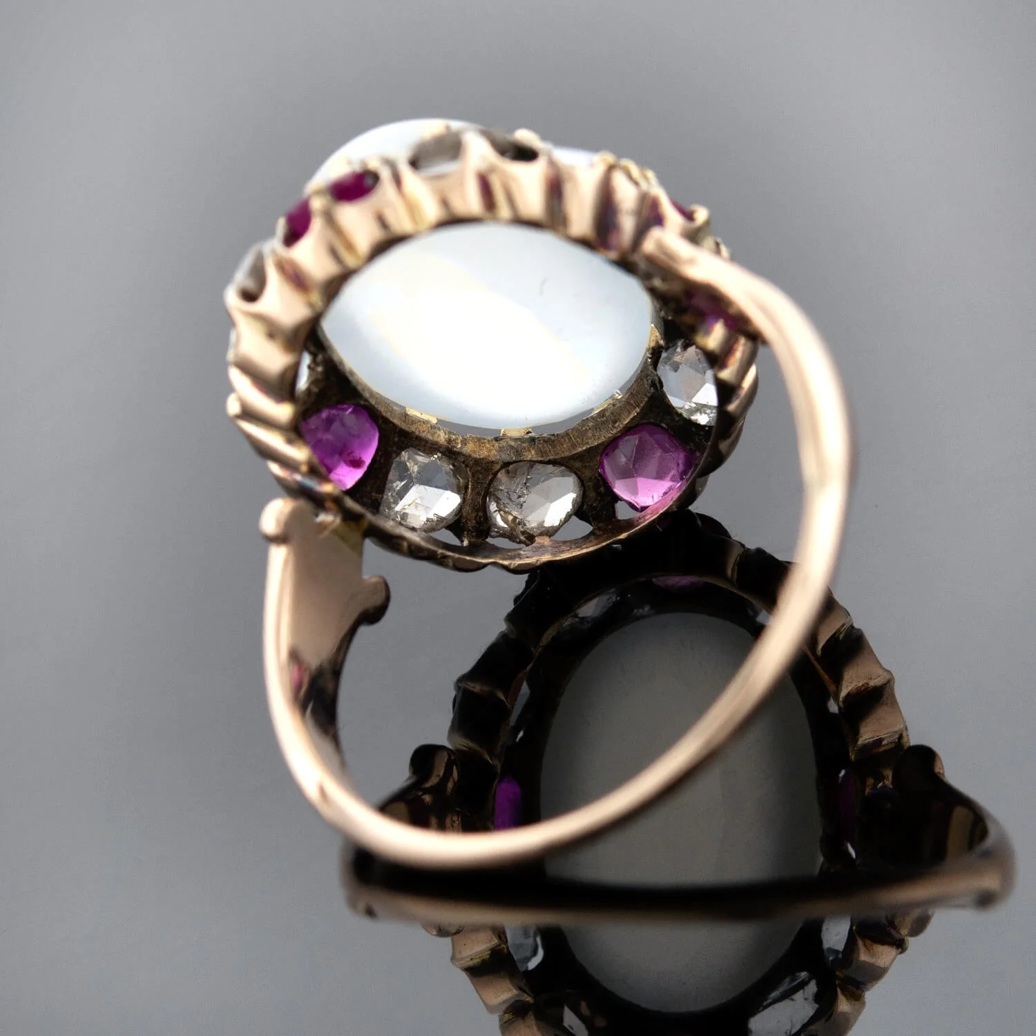 Victorian 18kt/Sterling Moonstone, Ruby + Rose Cut Diamond Cluster Ring - Image 5