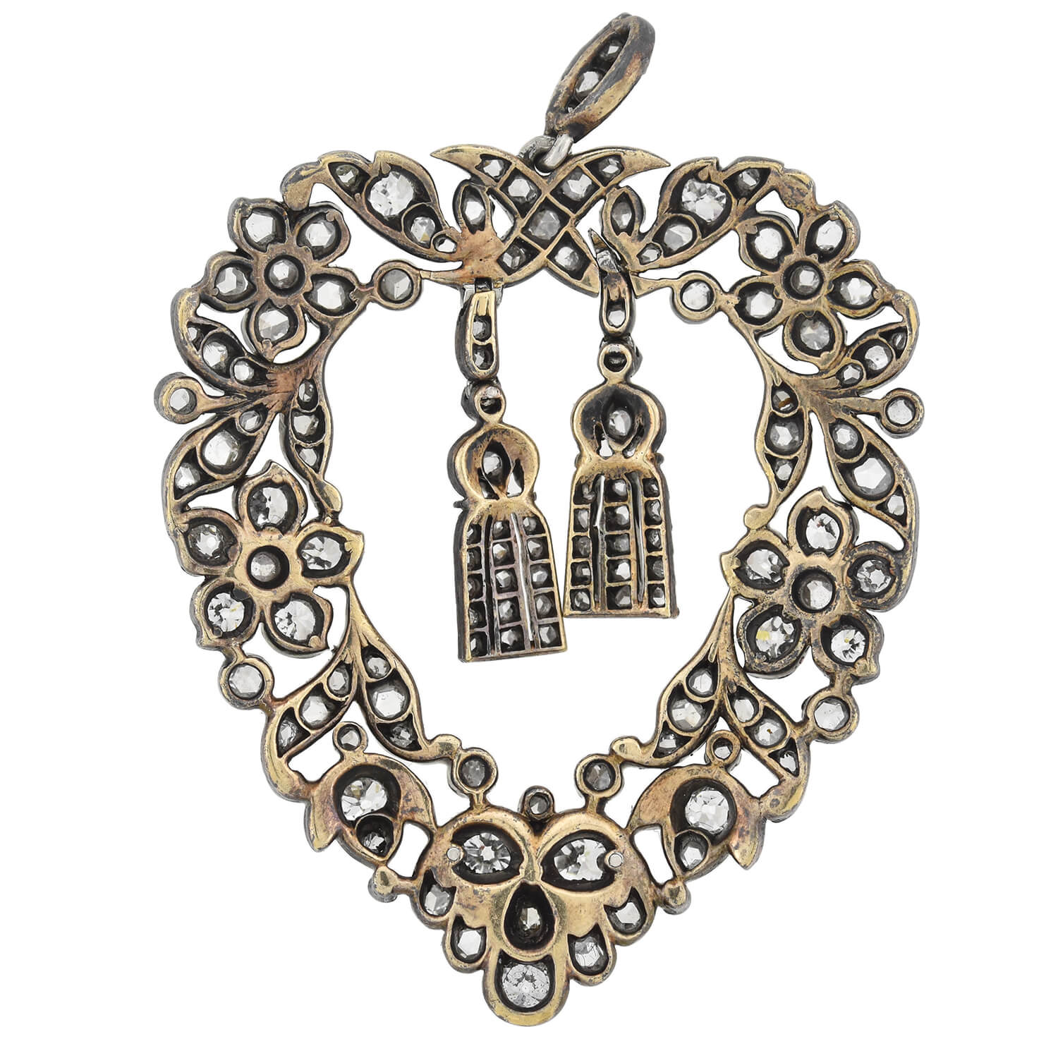 Victorian 18kt/Sterling Rose Cut Diamond Heart + Tassel Pendant - Image 4