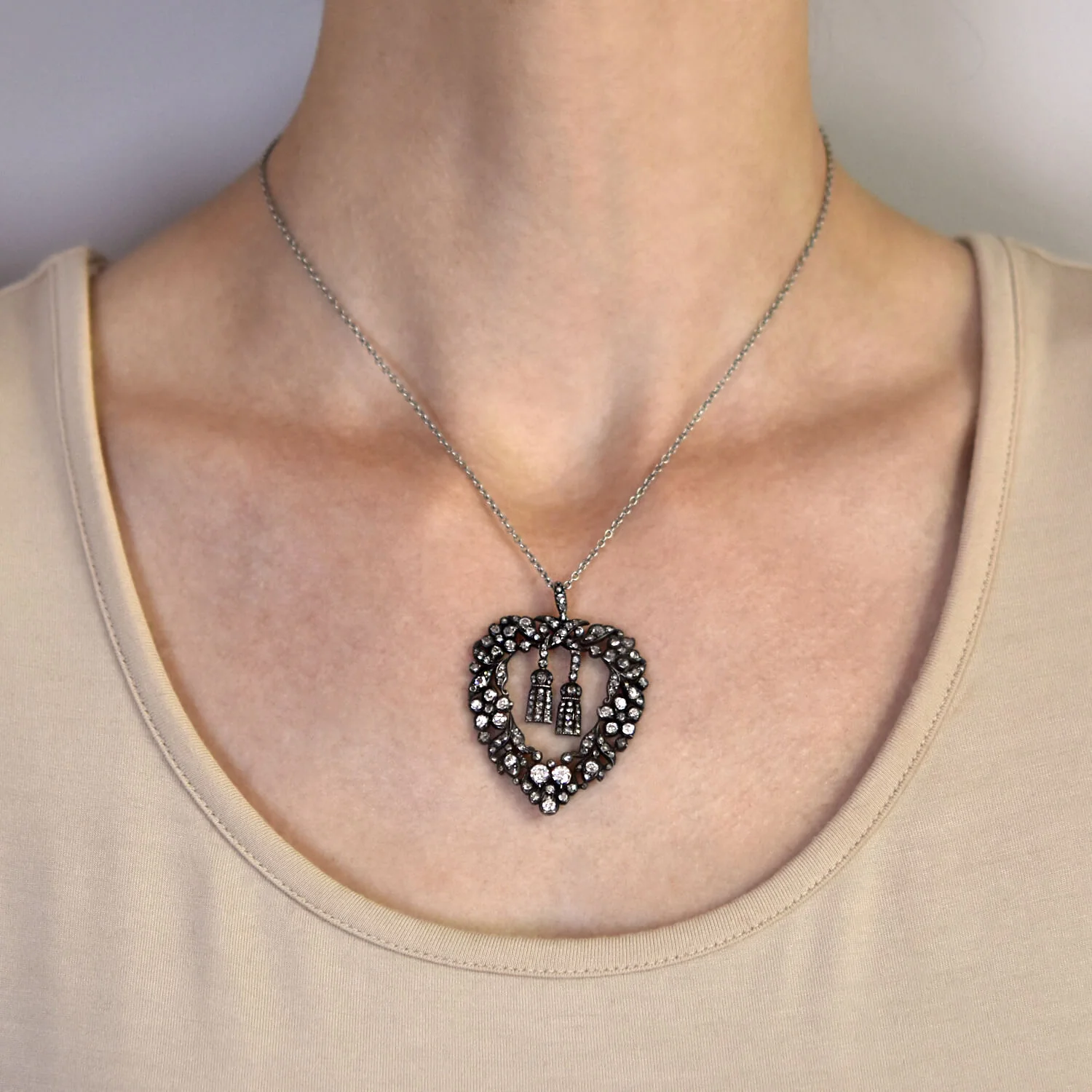 Victorian 18kt/Sterling Rose Cut Diamond Heart + Tassel Pendant - Image 6