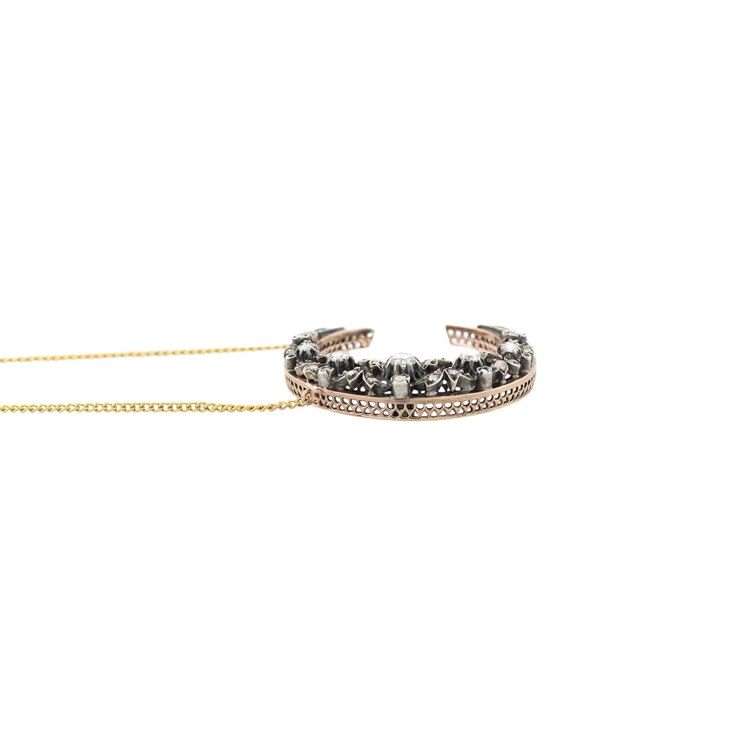 Victorian 18k + Sterling Topped Diamond Crescent Moon Necklace - Image 3