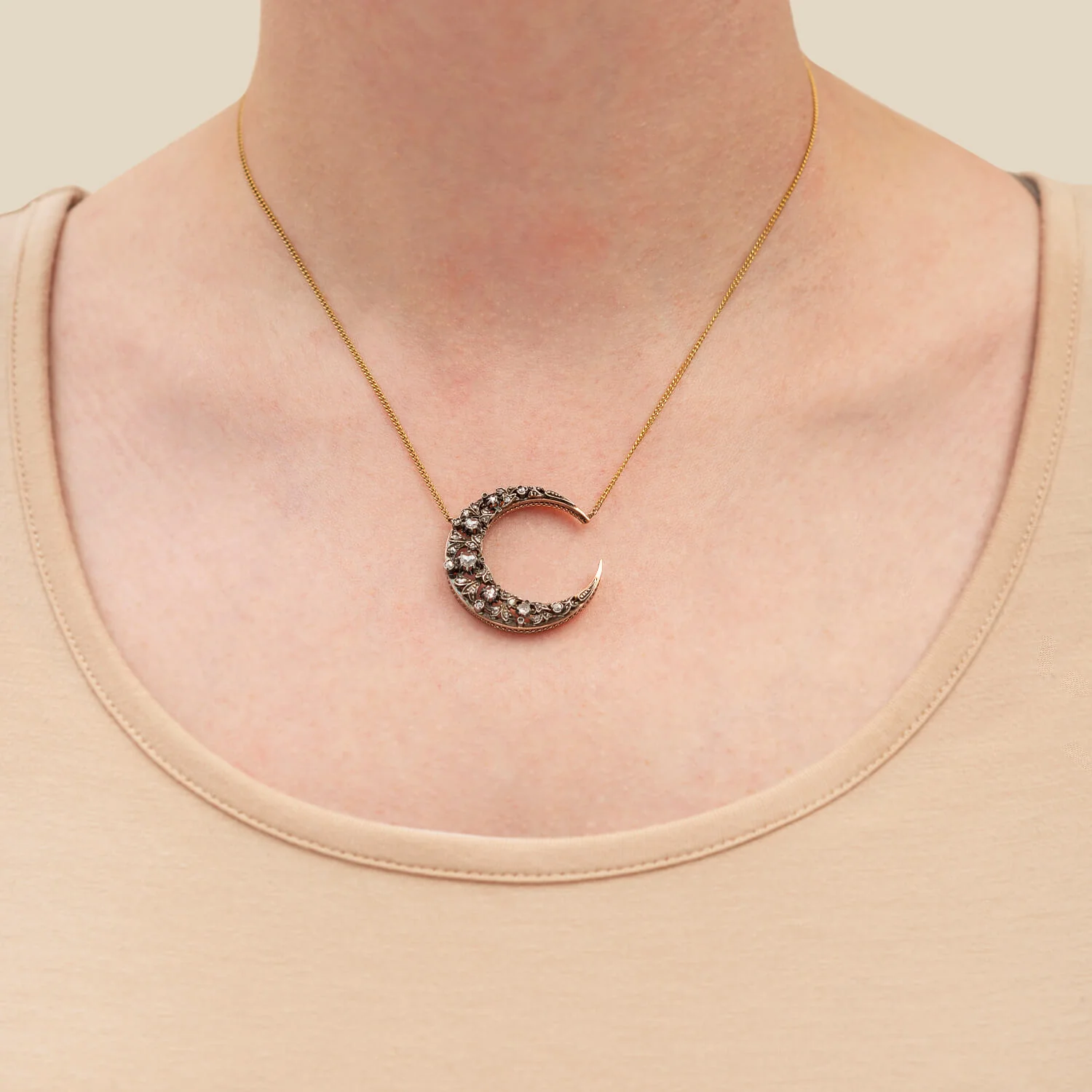 Victorian 18k + Sterling Topped Diamond Crescent Moon Necklace - Image 6