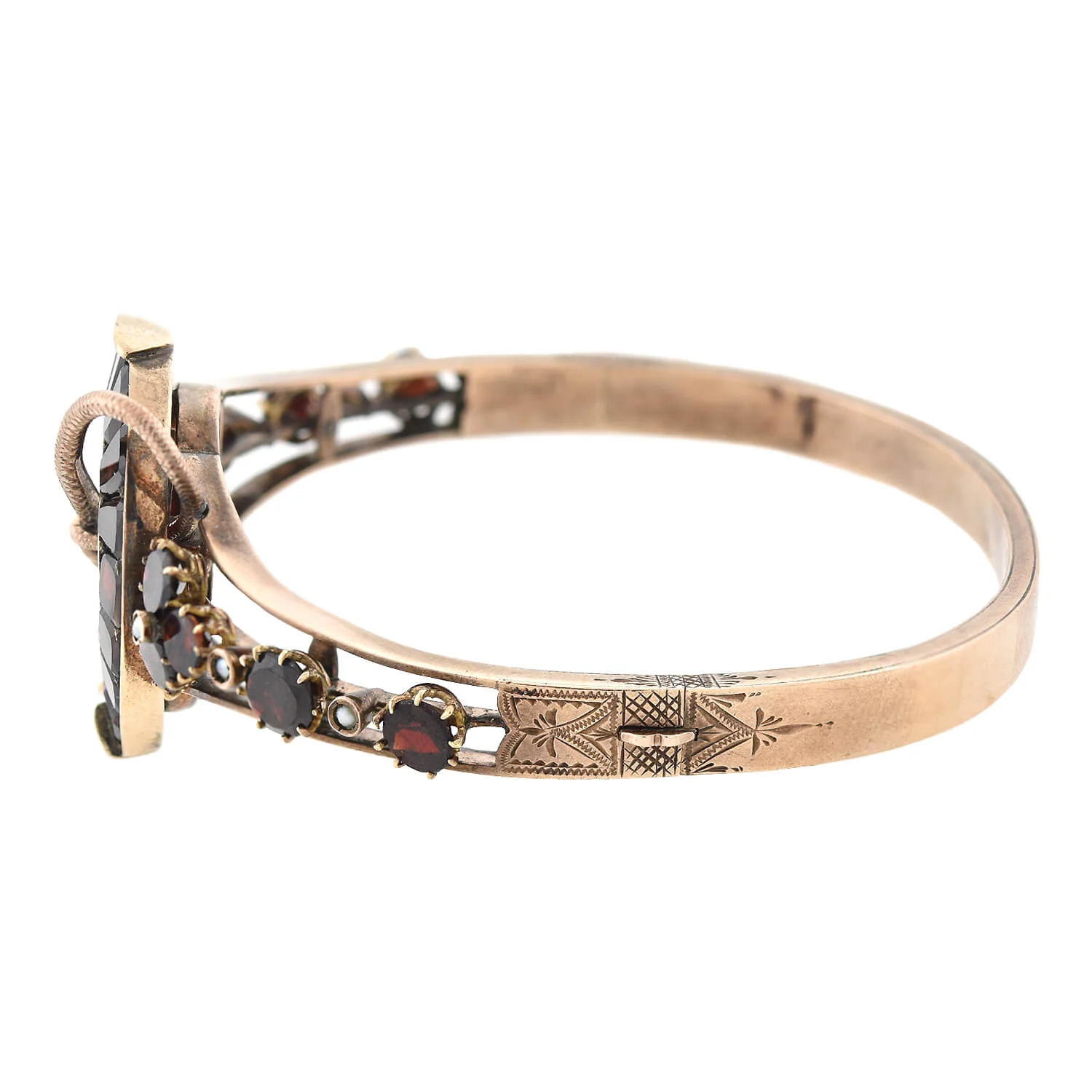 Victorian 9kt Garnet + Pearl Horseshoe Motif Bangle Bracelet - Image 2