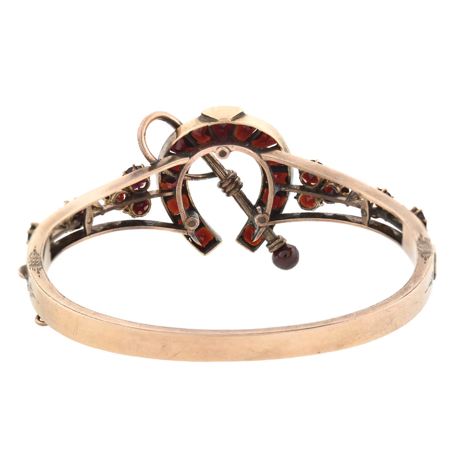 Victorian 9kt Garnet + Pearl Horseshoe Motif Bangle Bracelet - Image 3