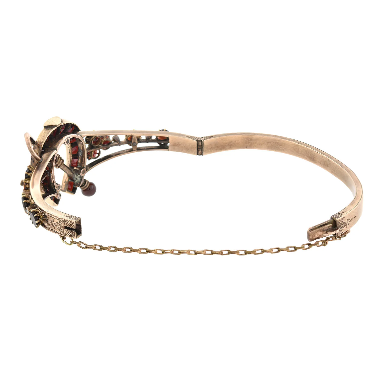 Victorian 9kt Garnet + Pearl Horseshoe Motif Bangle Bracelet - Image 4
