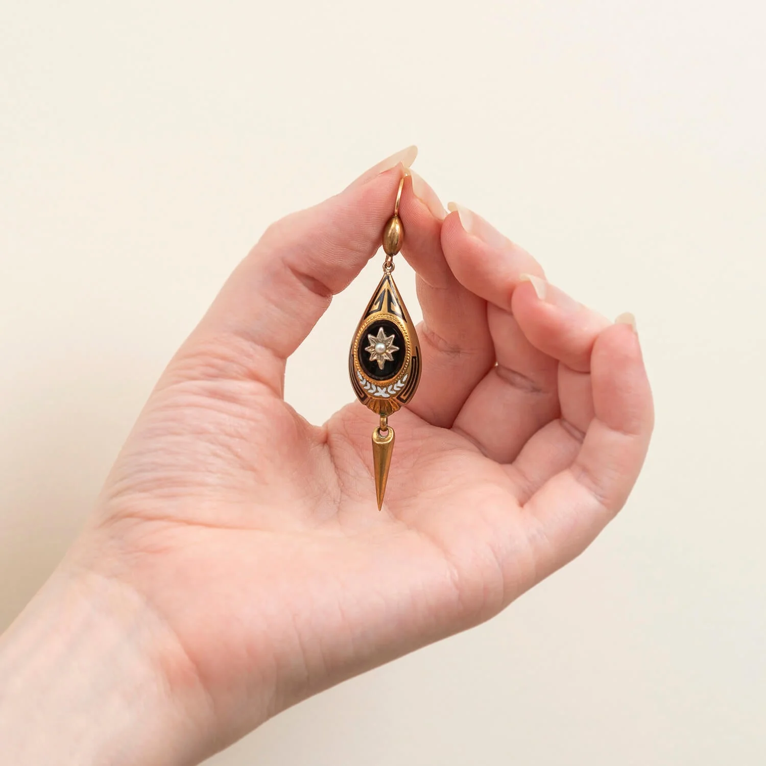 Victorian 9kt, Onyx + Pearl Dangle Earrings - Image 5