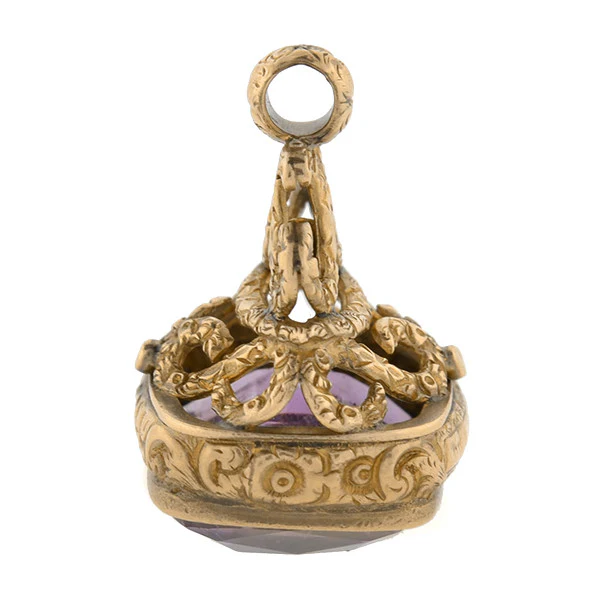 Victorian 9kt Repousse Faceted Amethyst Fob - Image 3