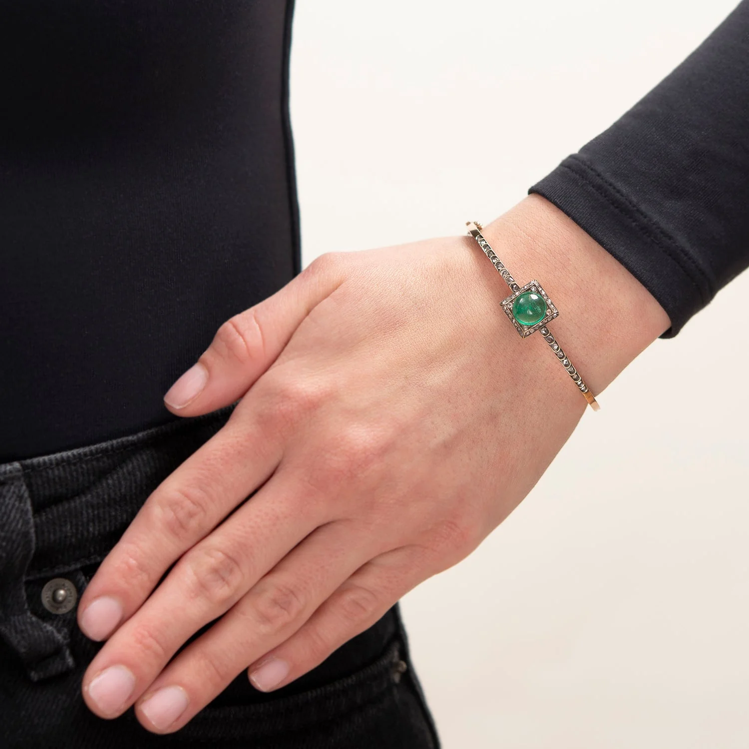 Victorian Austro-Hungarian 14k Emerald & Diamond Bangle Bracelet - Image 8