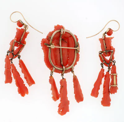 Victorian Carved Coral Pin & Pendant & Earrings Set - Image 7