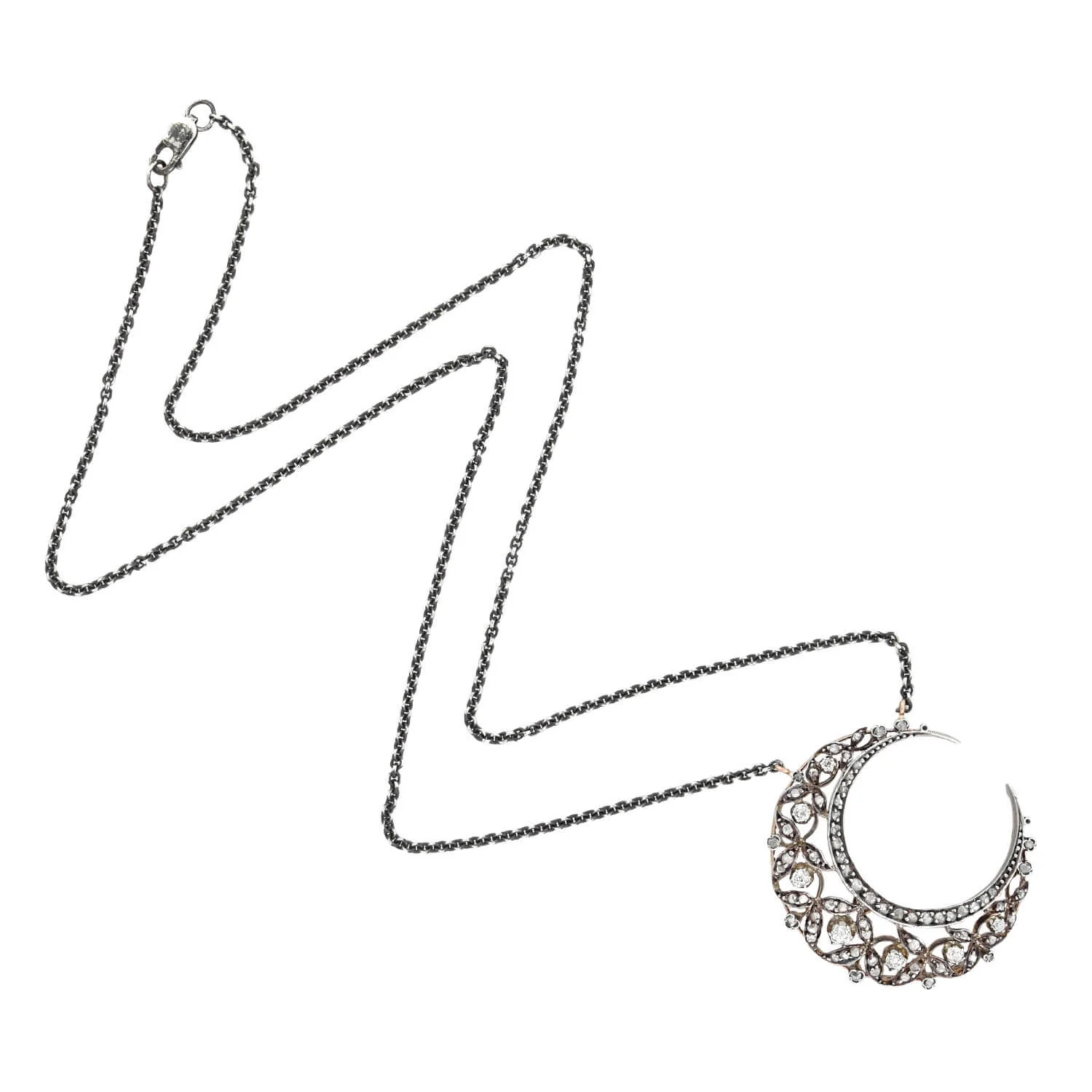 Victorian Conversion 18kt/Sterling Diamond Crescent Moon Necklace - Image 2