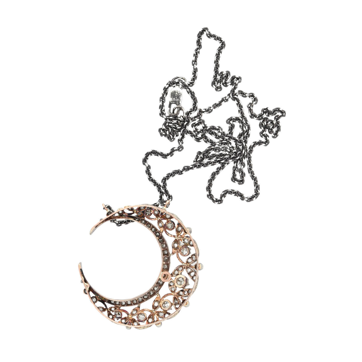 Victorian Conversion 18kt/Sterling Diamond Crescent Moon Necklace - Image 4