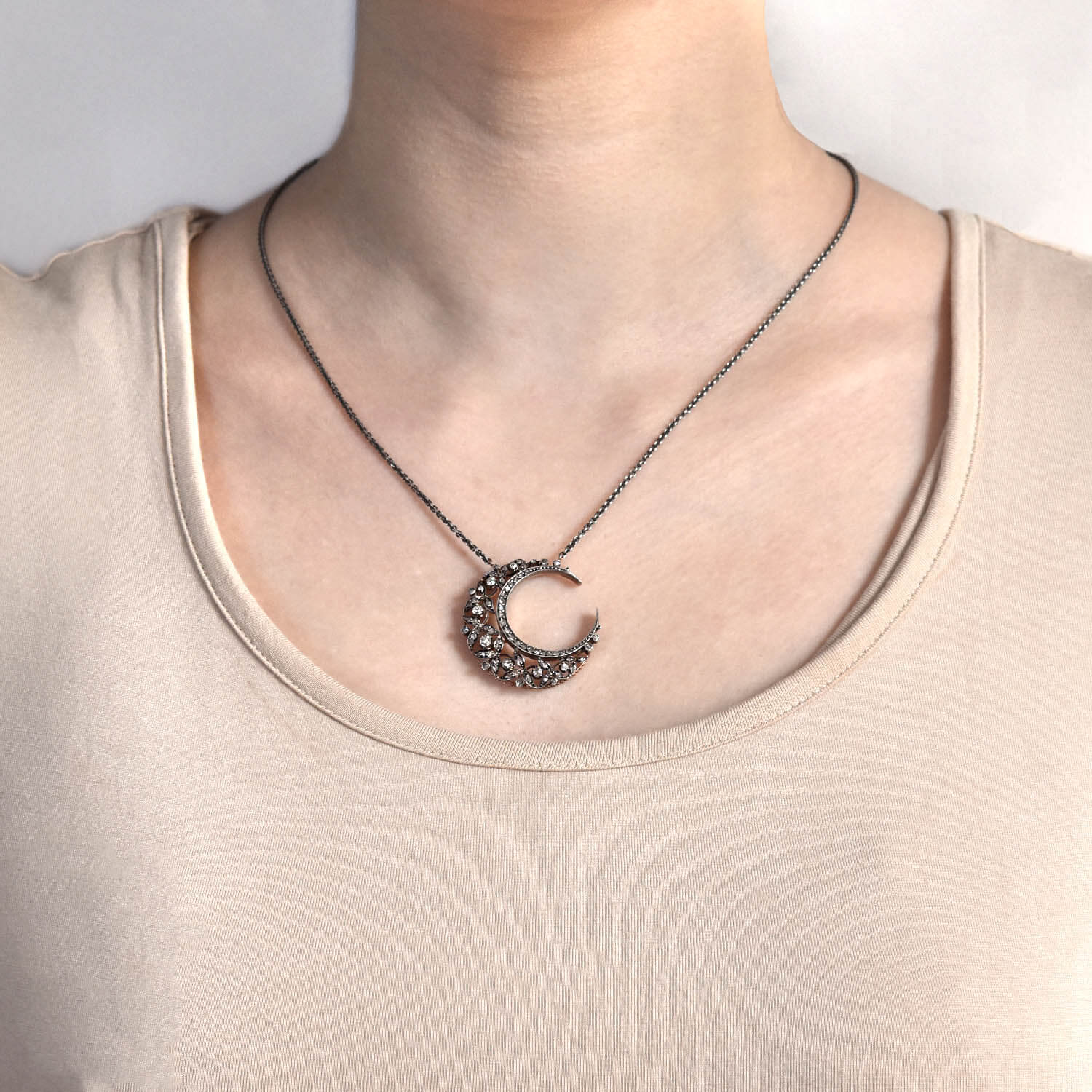 Victorian Conversion 18kt/Sterling Diamond Crescent Moon Necklace - Image 6