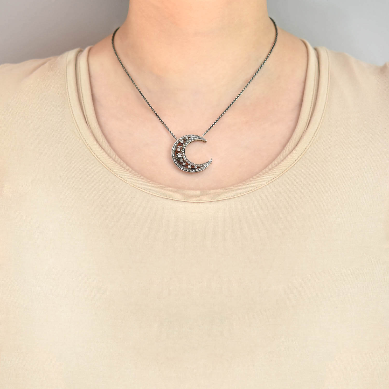 Victorian Conversion 18kt/Sterling Diamond Crescent Moon Necklace - Image 6