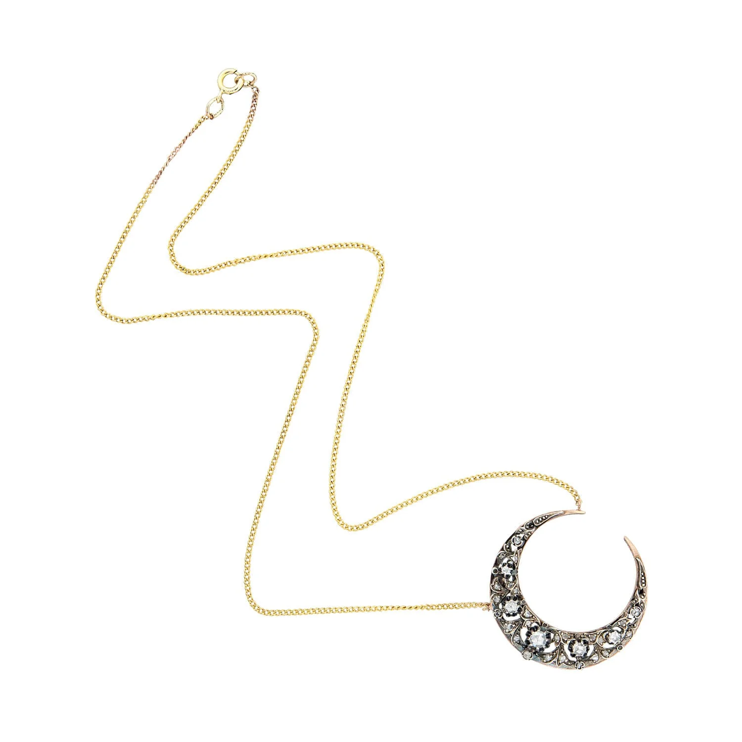 Victorian Conversion 18kt/Sterling Rose Cut Diamond Crescent Moon Necklace - Image 2