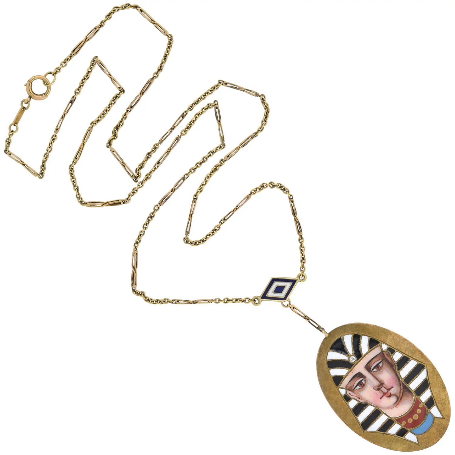 Victorian Egyptian Revival 14kt Enameled Pharaoh Pendant Necklace 18" - Image 2