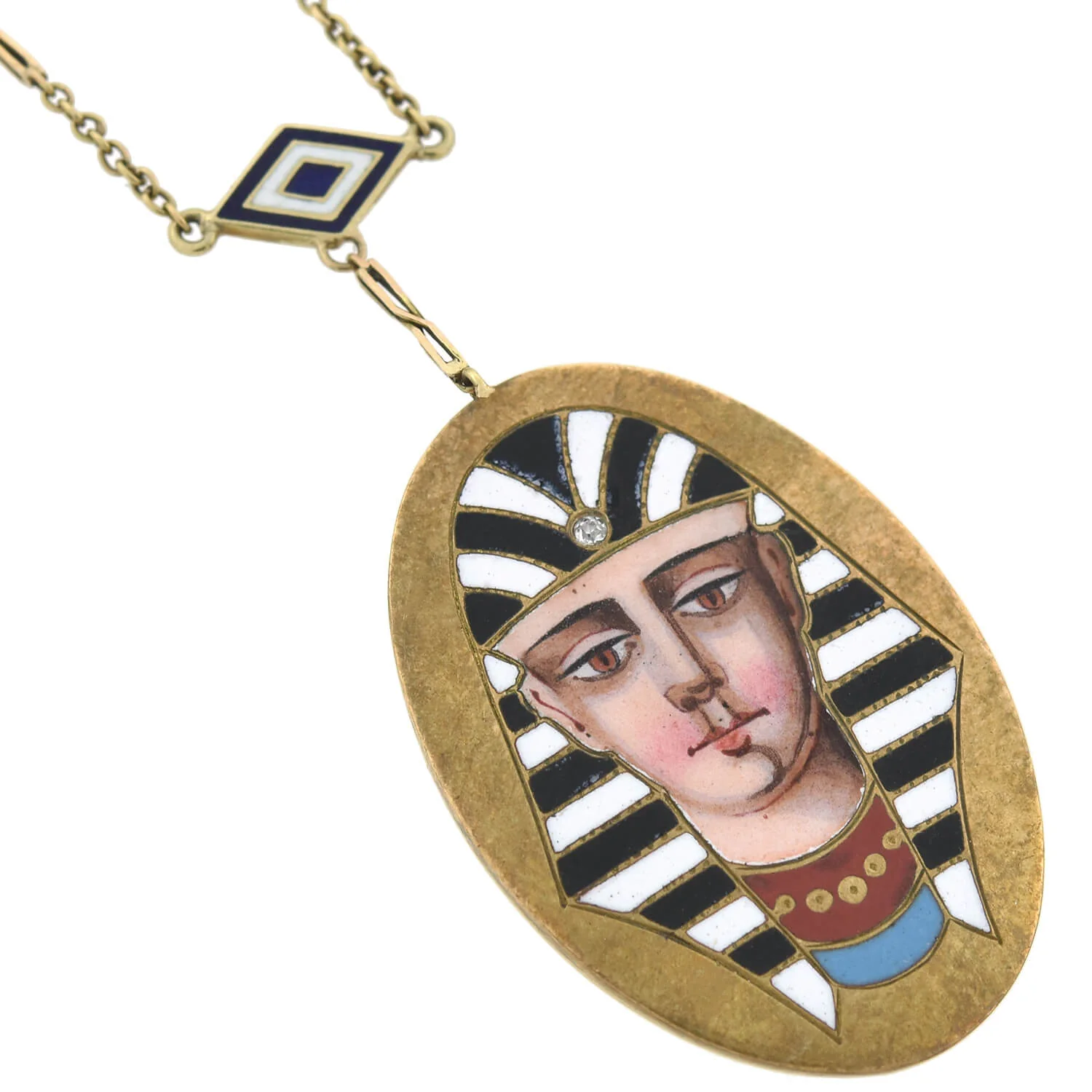 Victorian Egyptian Revival 14kt Enameled Pharaoh Pendant Necklace 18" - Image 3