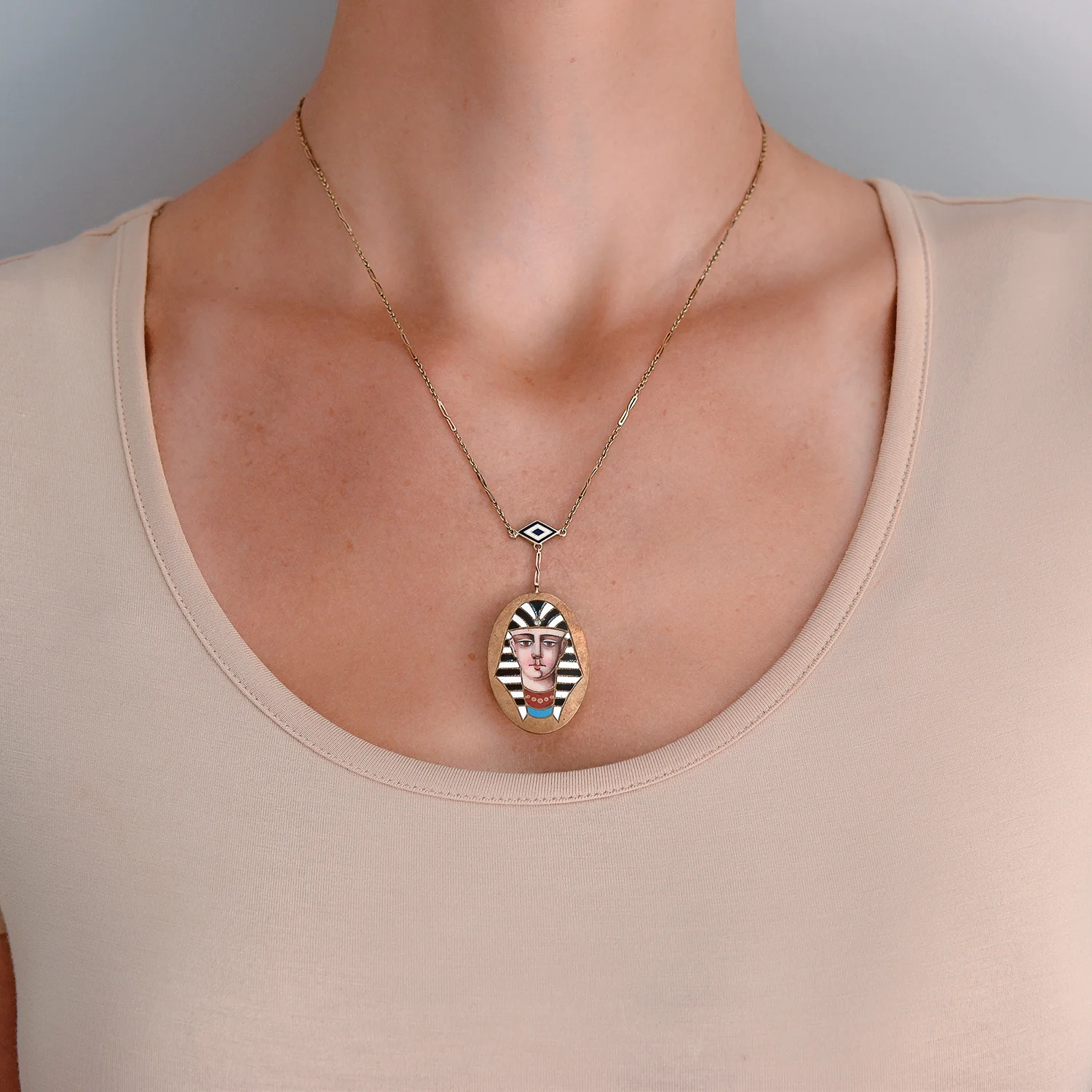 Victorian Egyptian Revival 14kt Enameled Pharaoh Pendant Necklace 18" - Image 8