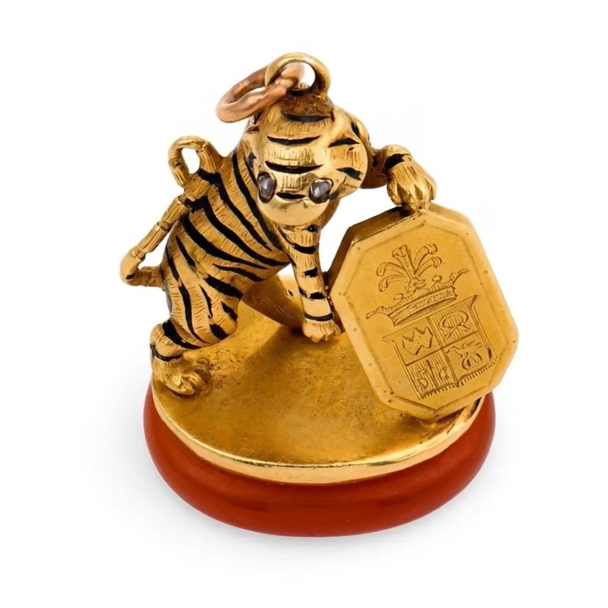 Victorian French 18k Carnelian, Diamond, & Enamel Tiger Fob - Image 2