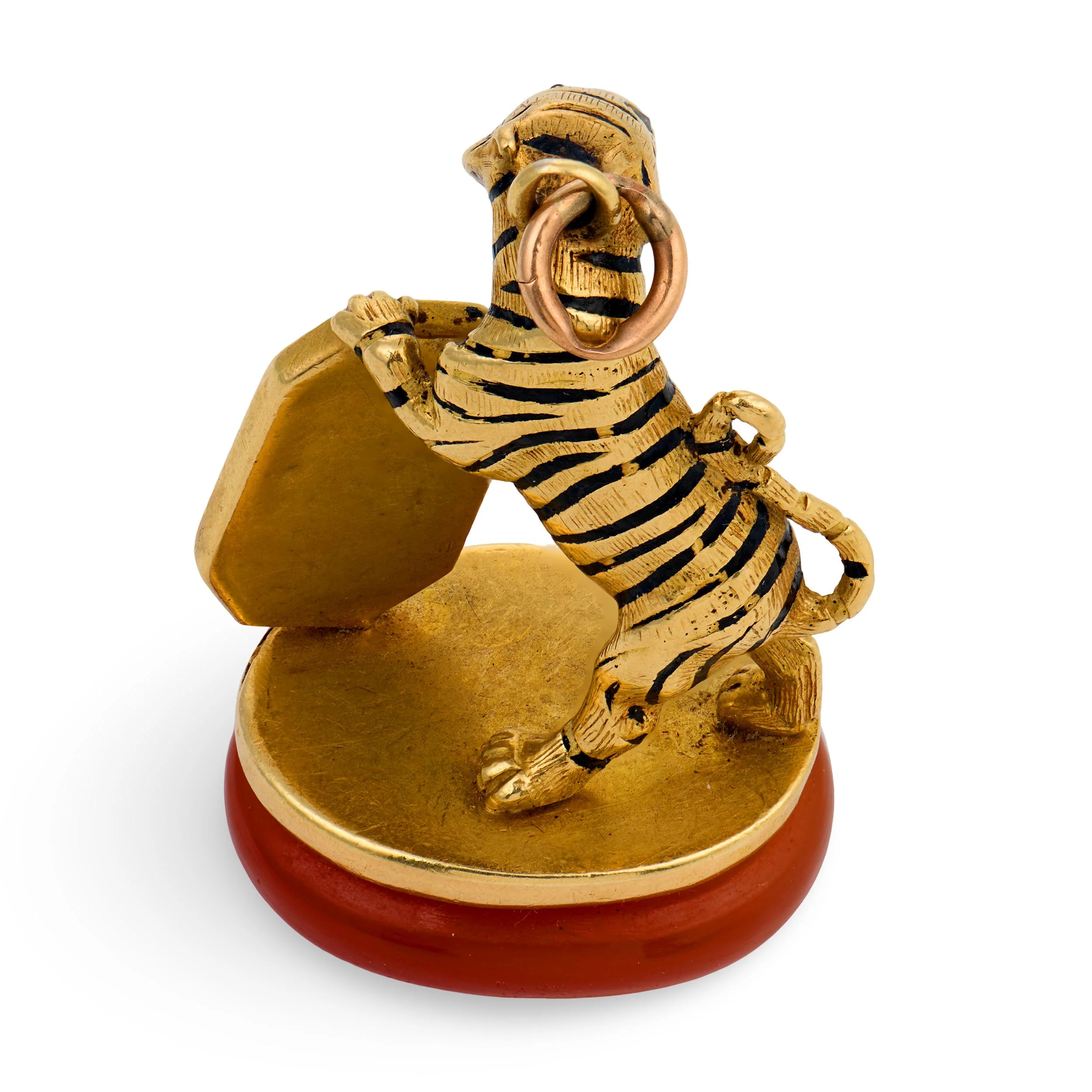 Victorian French 18k Carnelian, Diamond, & Enamel Tiger Fob - Image 5