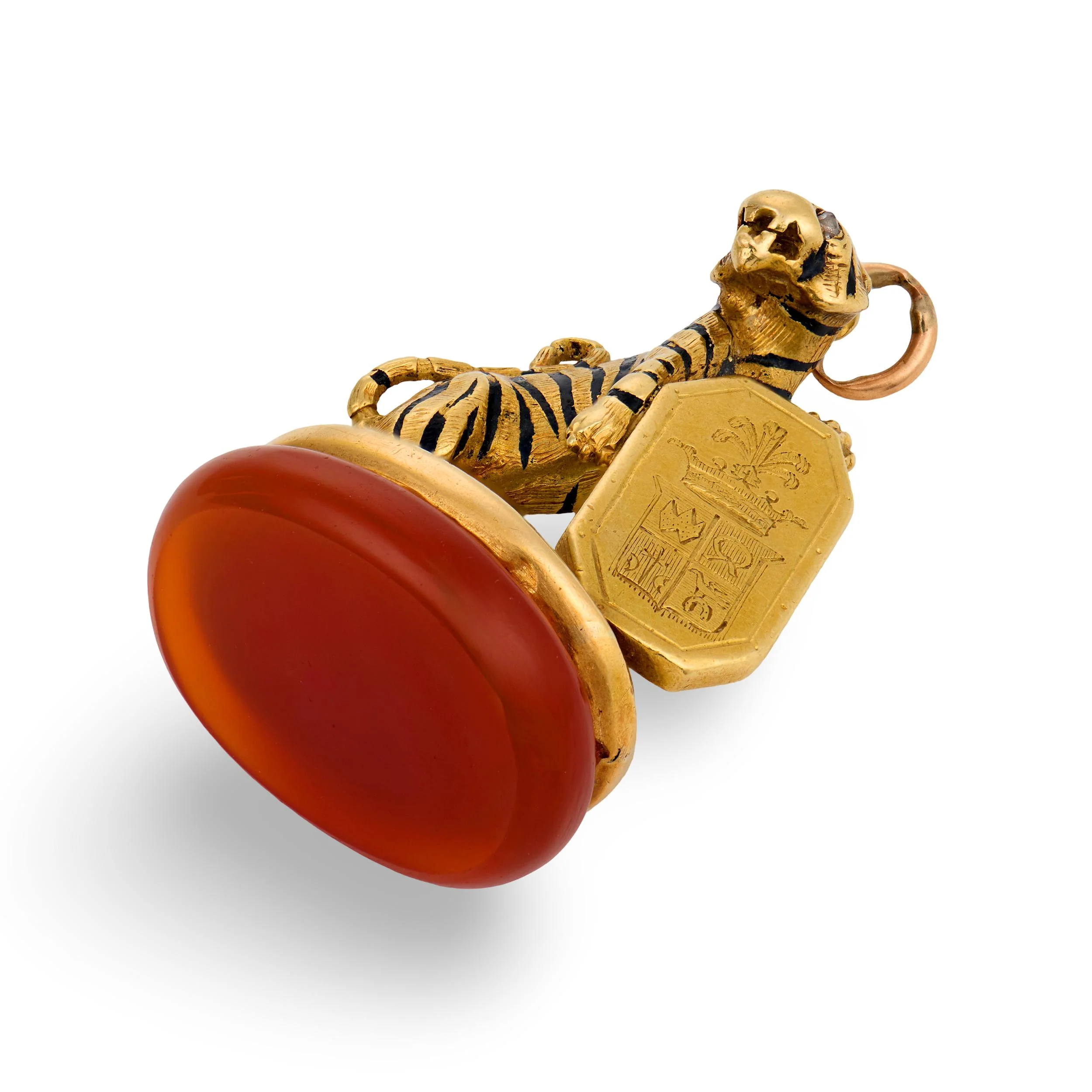 Victorian French 18k Carnelian, Diamond, & Enamel Tiger Fob - Image 6