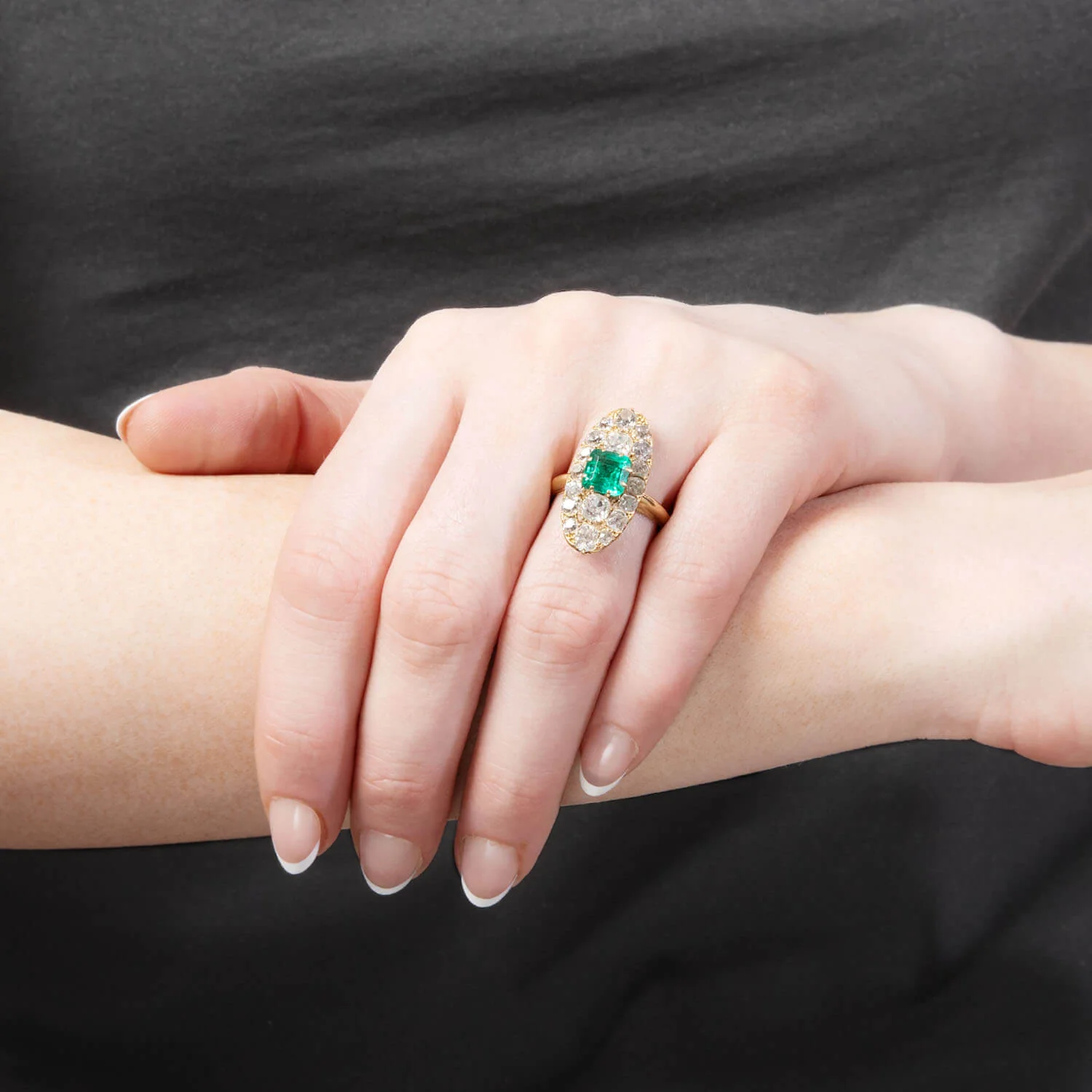 Victorian French 18k Emerald and Diamond Navette Ring - Image 7