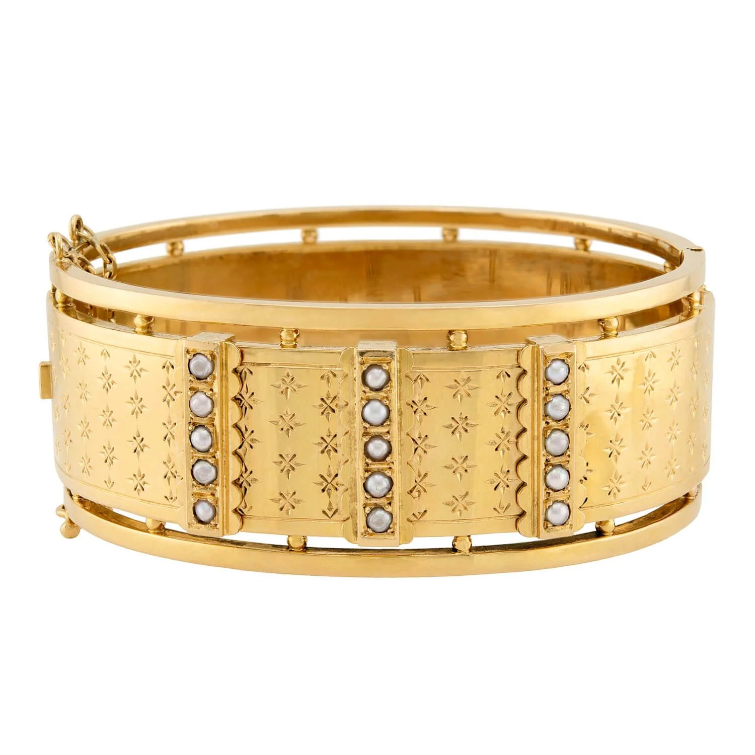 Victorian French 18k Pearl Hinged Cuff Bracelet