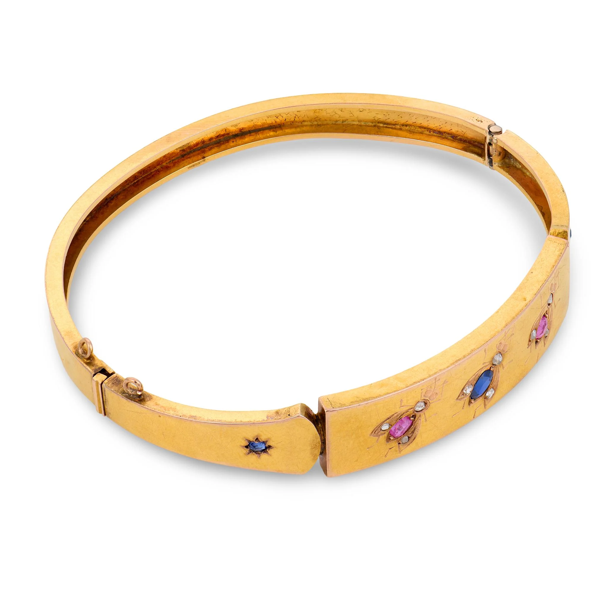 Victorian French 18k Sapphire, Ruby, & Diamond Fly-Motif Bangle - Image 2
