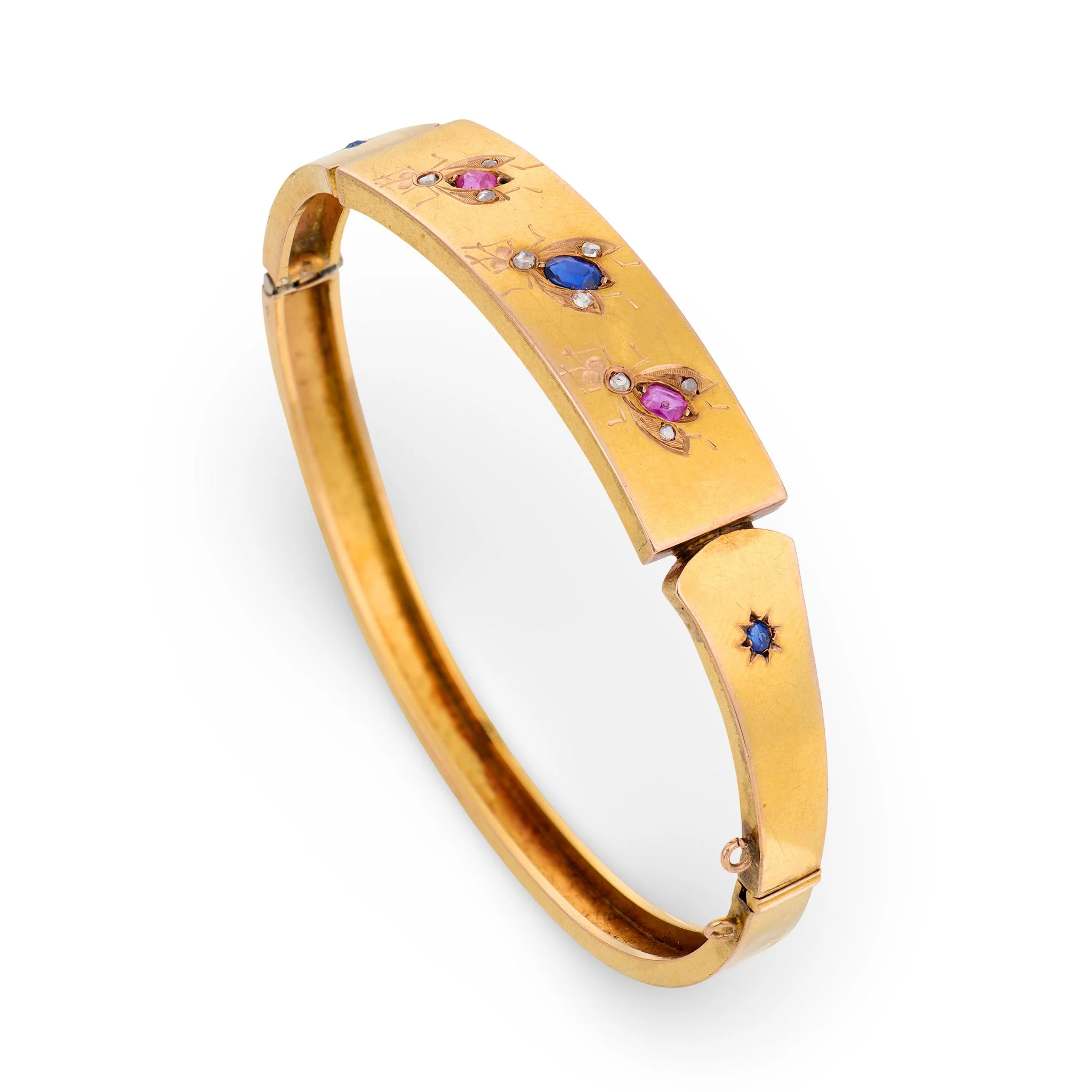 Victorian French 18k Sapphire, Ruby, & Diamond Fly-Motif Bangle - Image 3